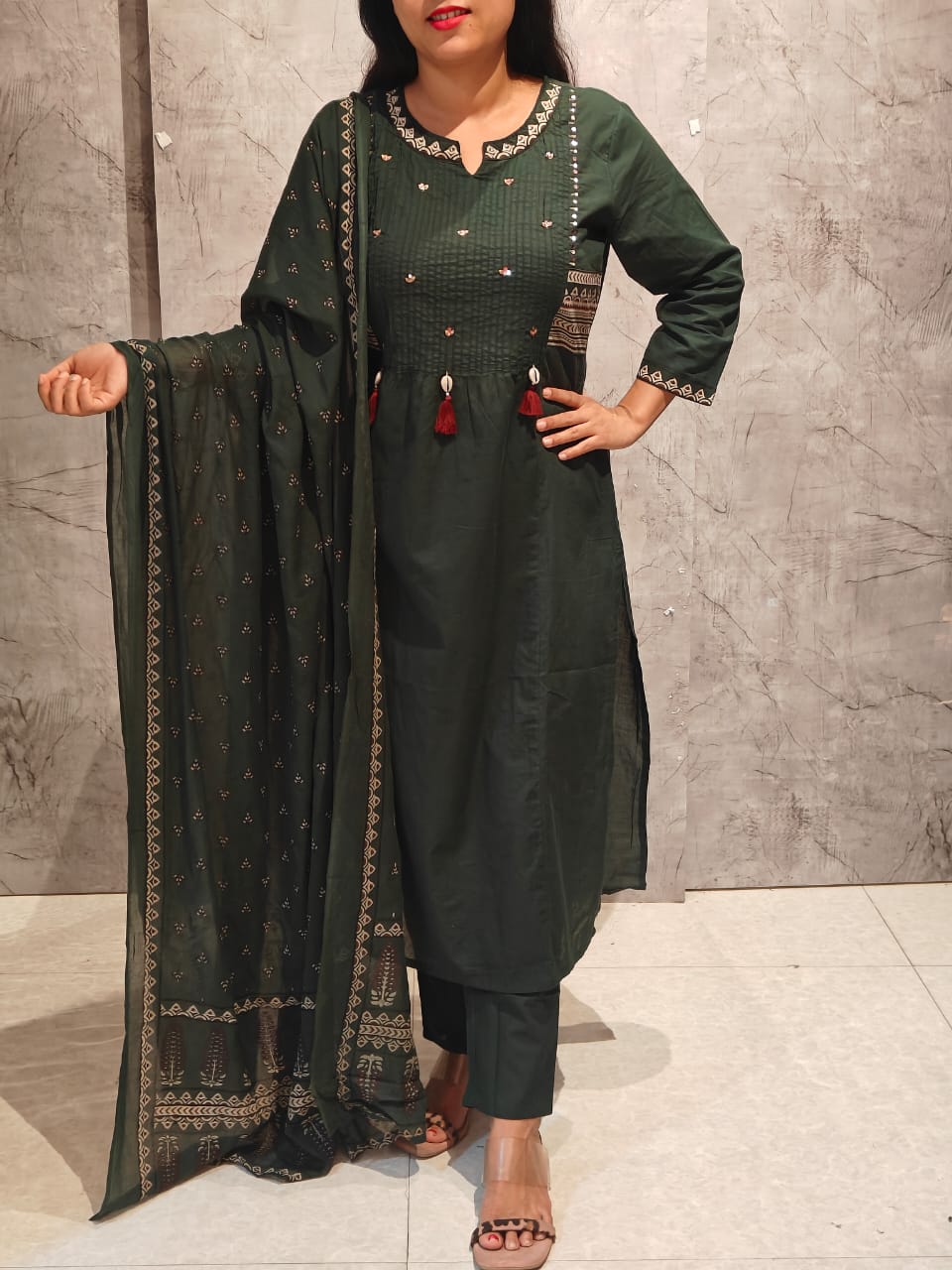 Bottle Green Cotton Embroidery Straight Fit Kurtha 606