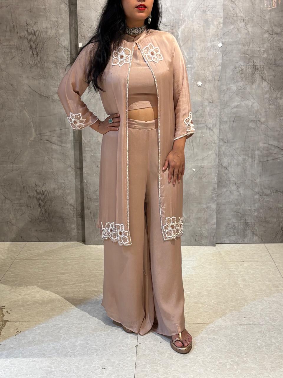 “Pari" Mof Peach Designer Kurtha 43 Set with Handwork Top, Palazoo and Jacket Indo-western cape