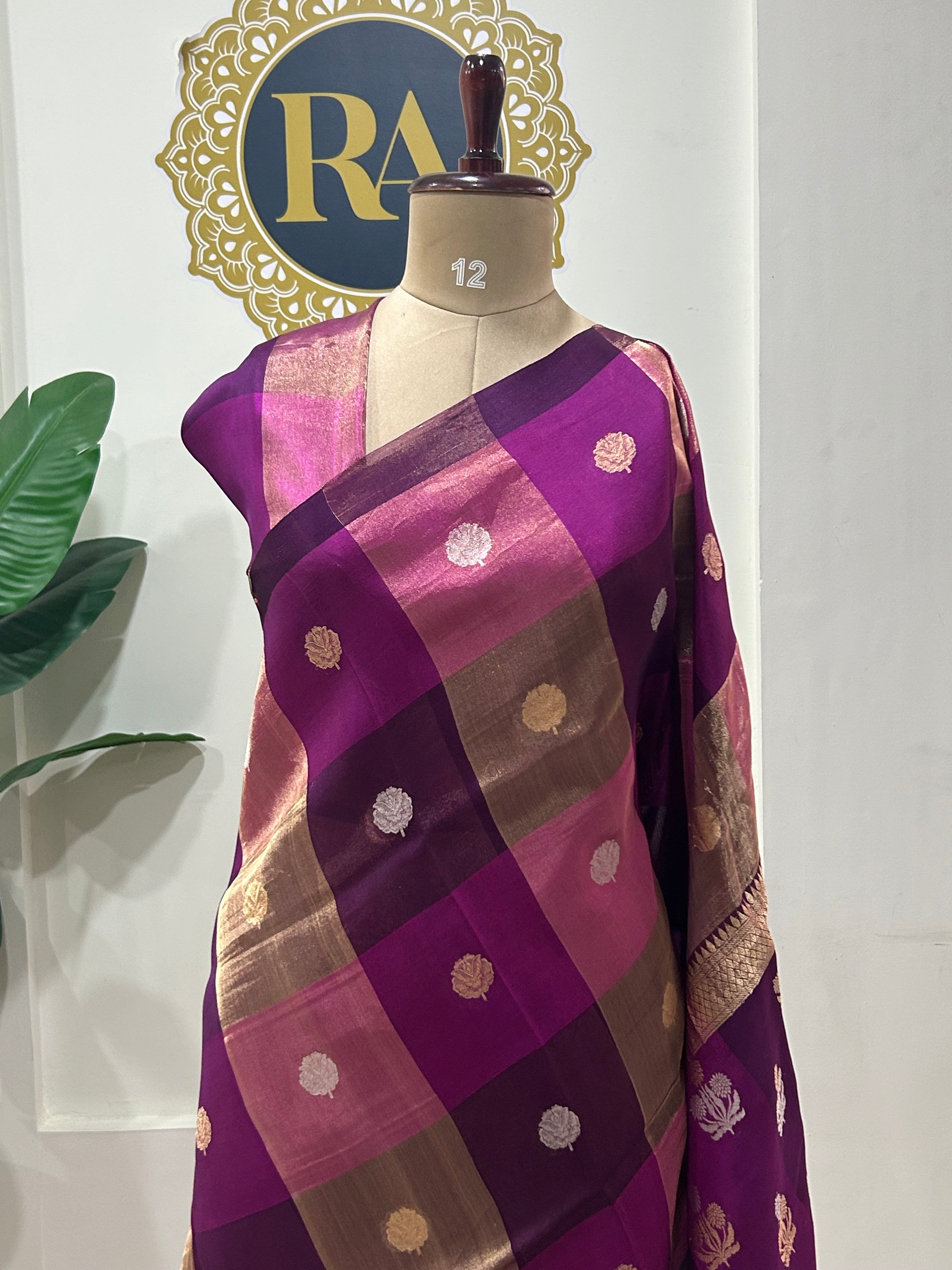 Dark magenta stripes pure organza tissue -12 saree