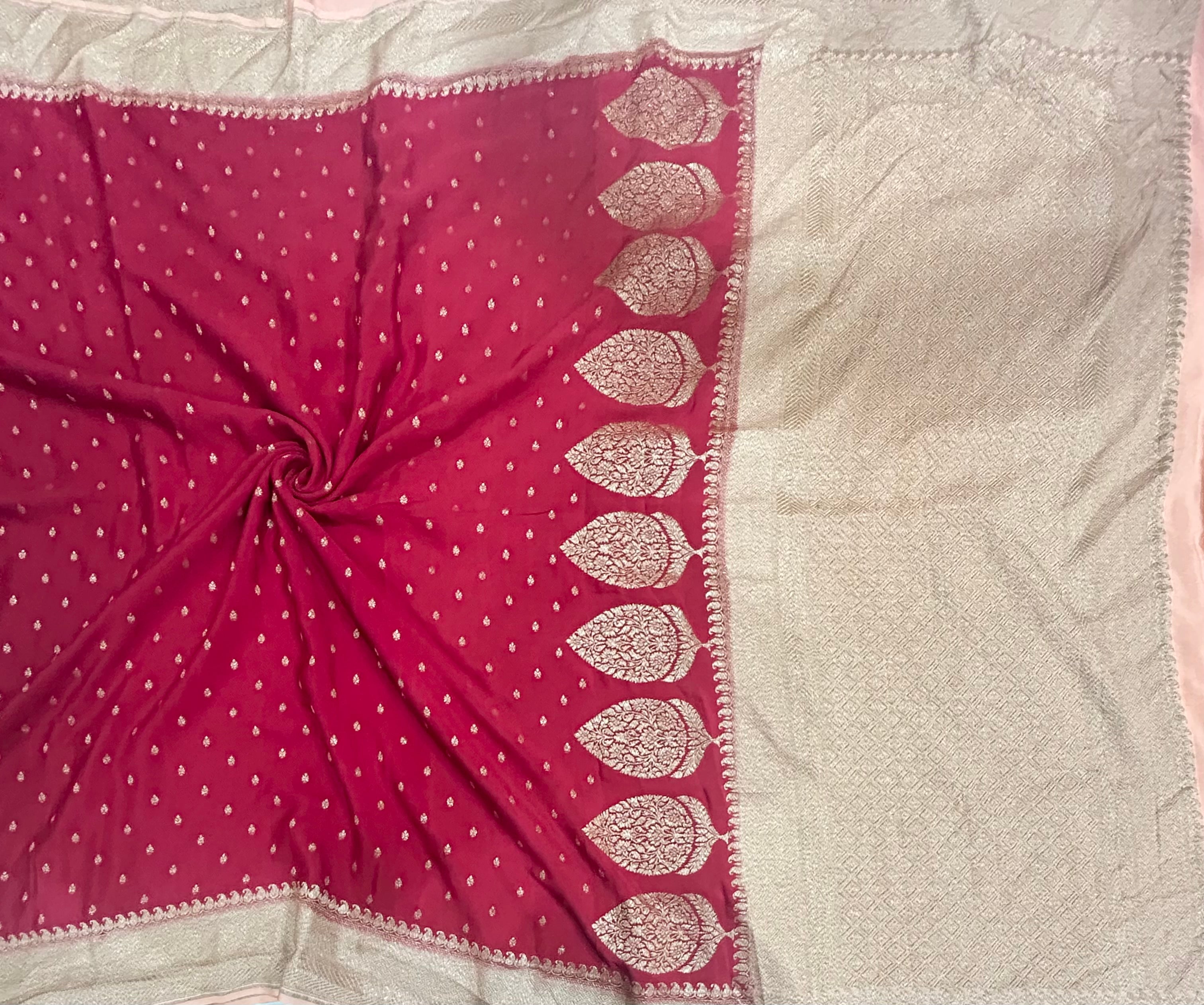 Red n peach small Butta pure Benarasi crepe 104 saree