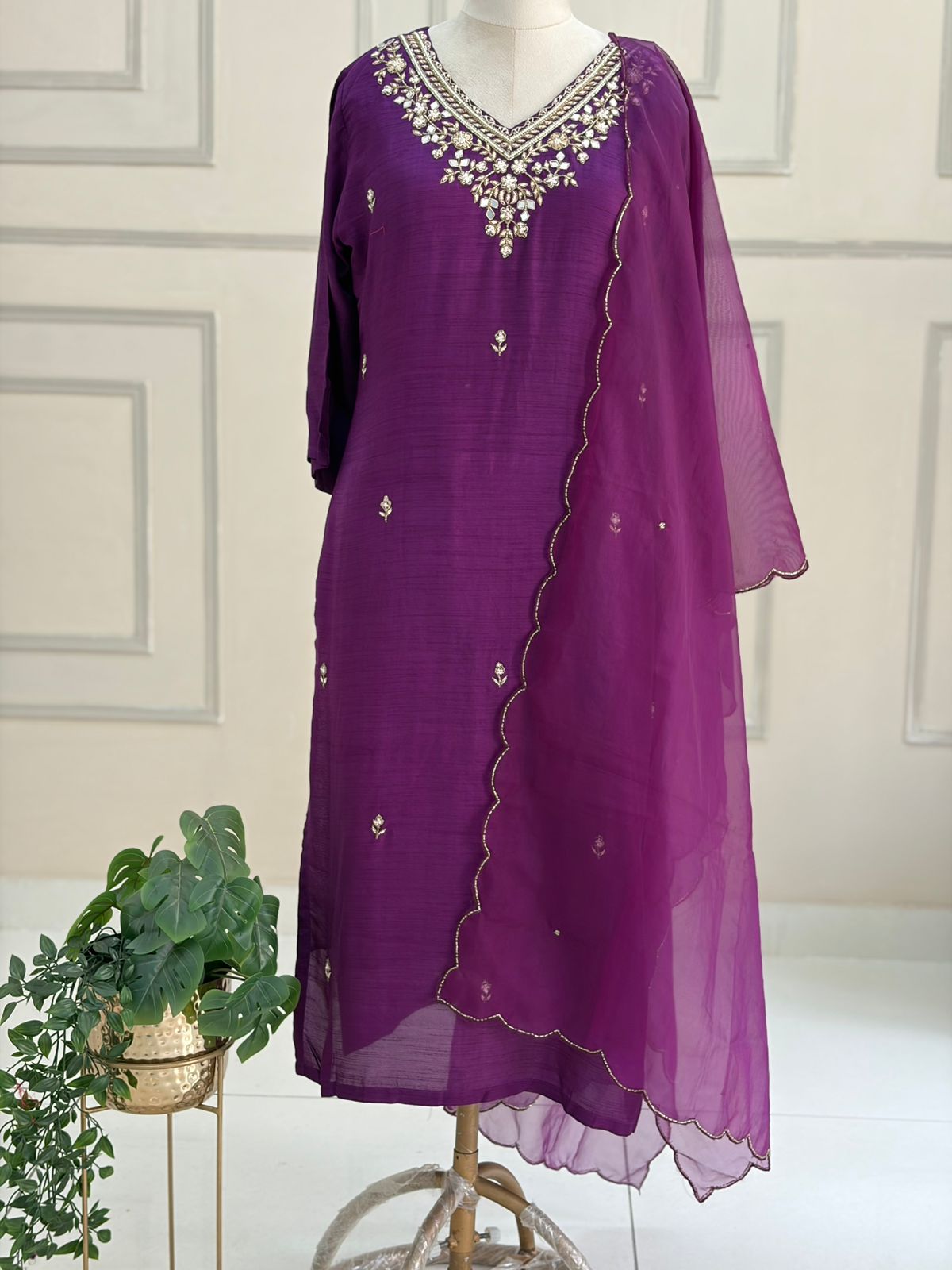 Purple  Handwork Dola silk Kurtha 811