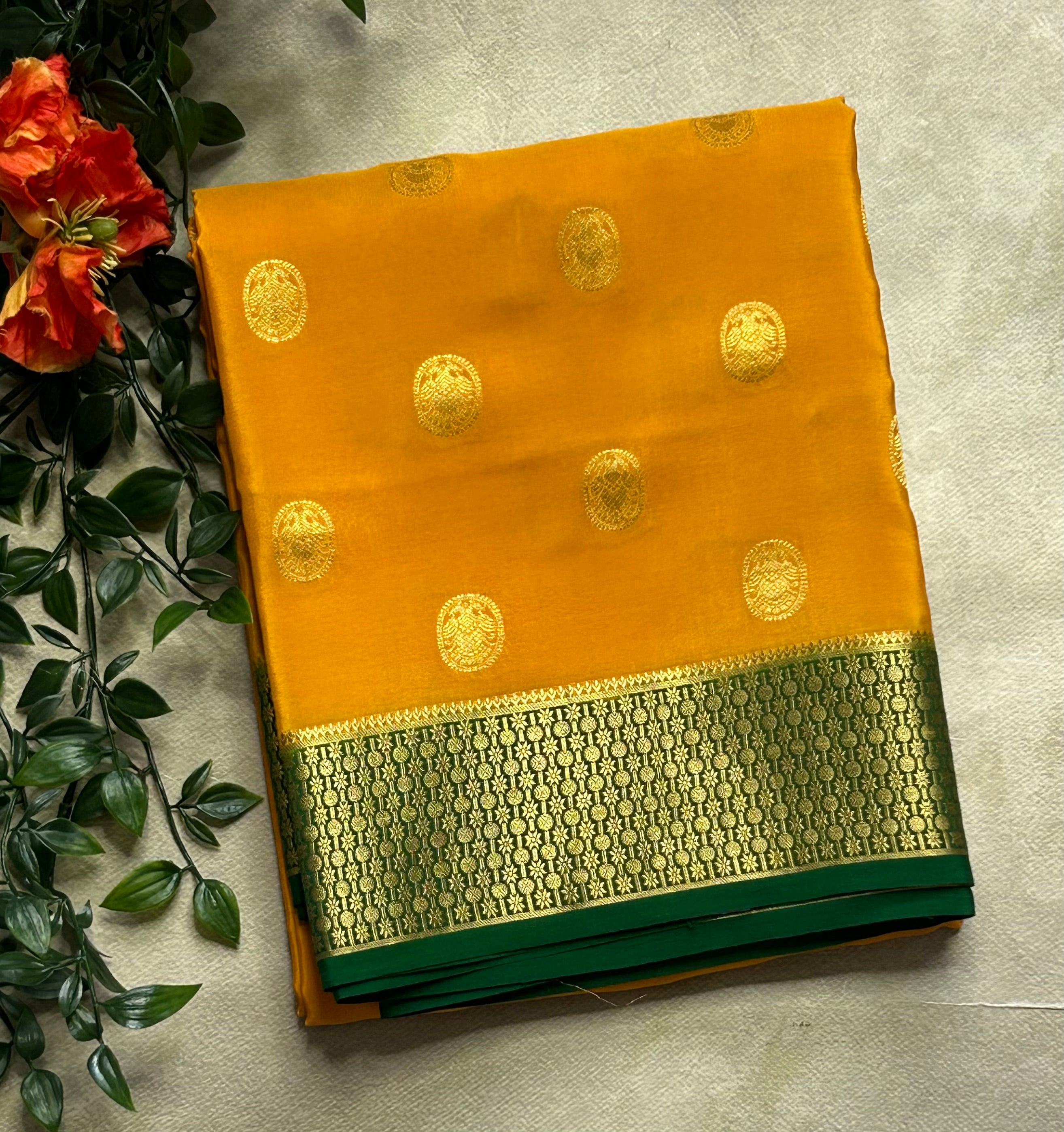 Mustard yellow Gandaberunda small Butta pure Mysore silk-103 saree