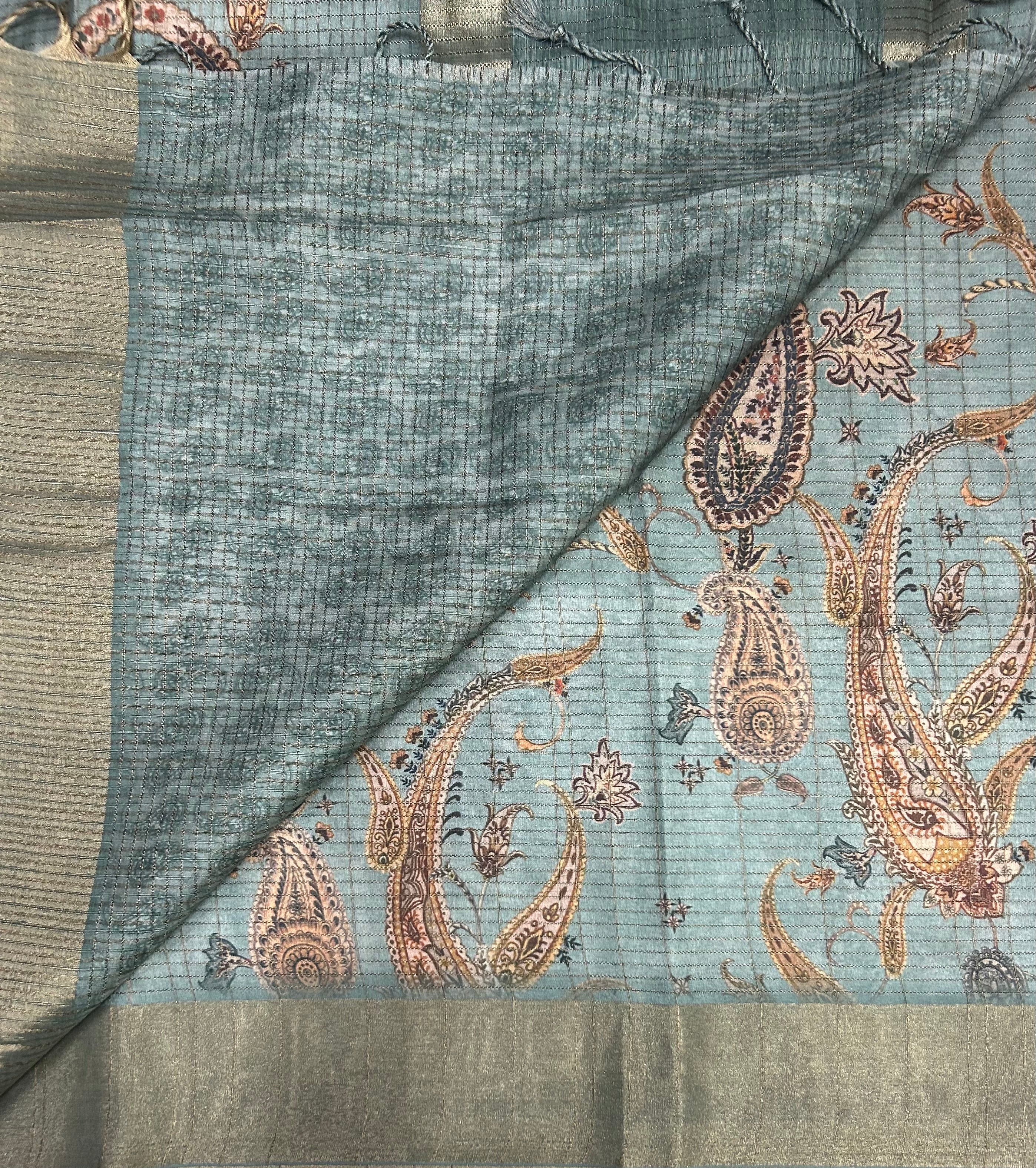 Sea green small check Digital print Tussar crêpe saree