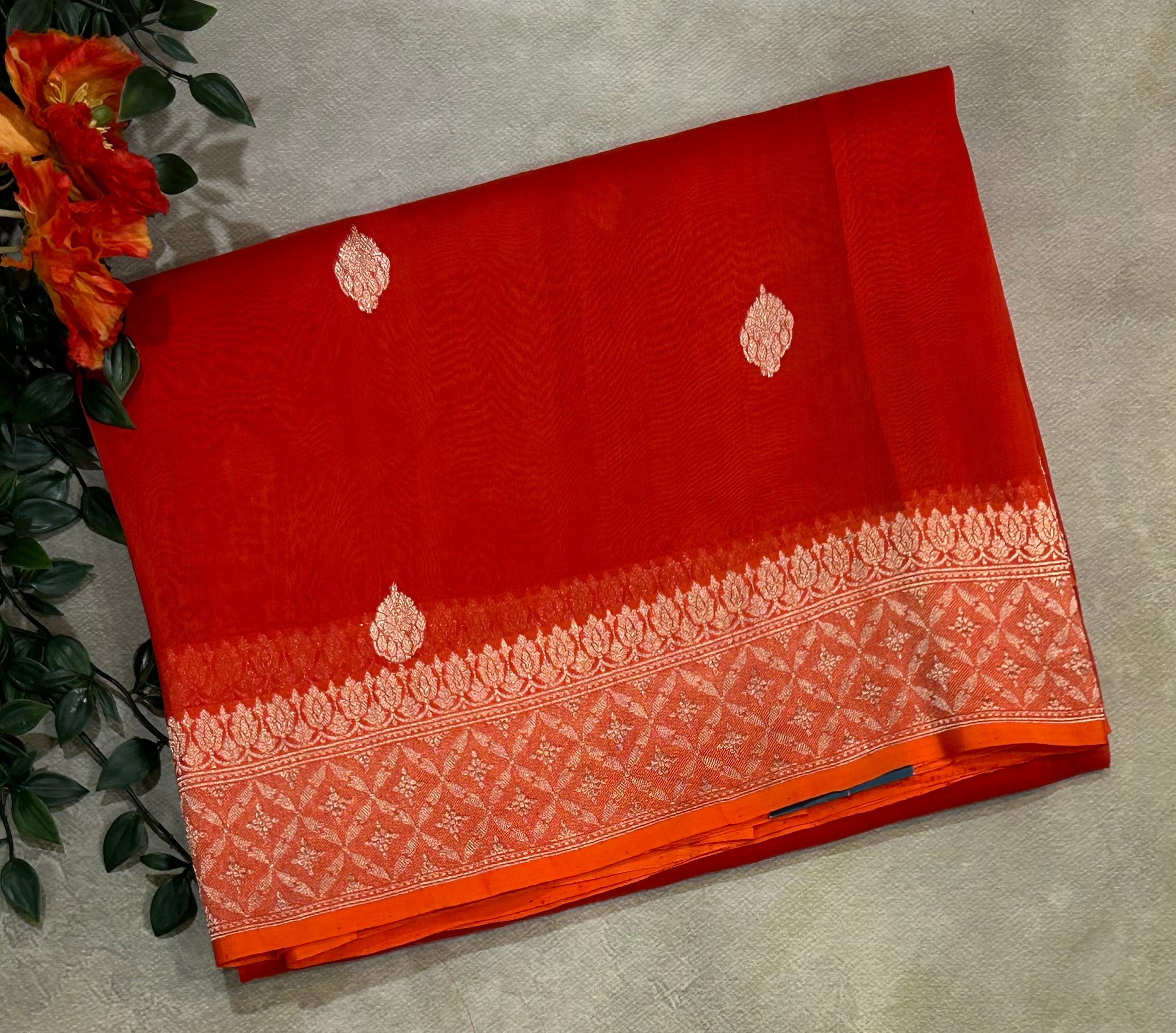 Orange pure kora 105 organza silk saree