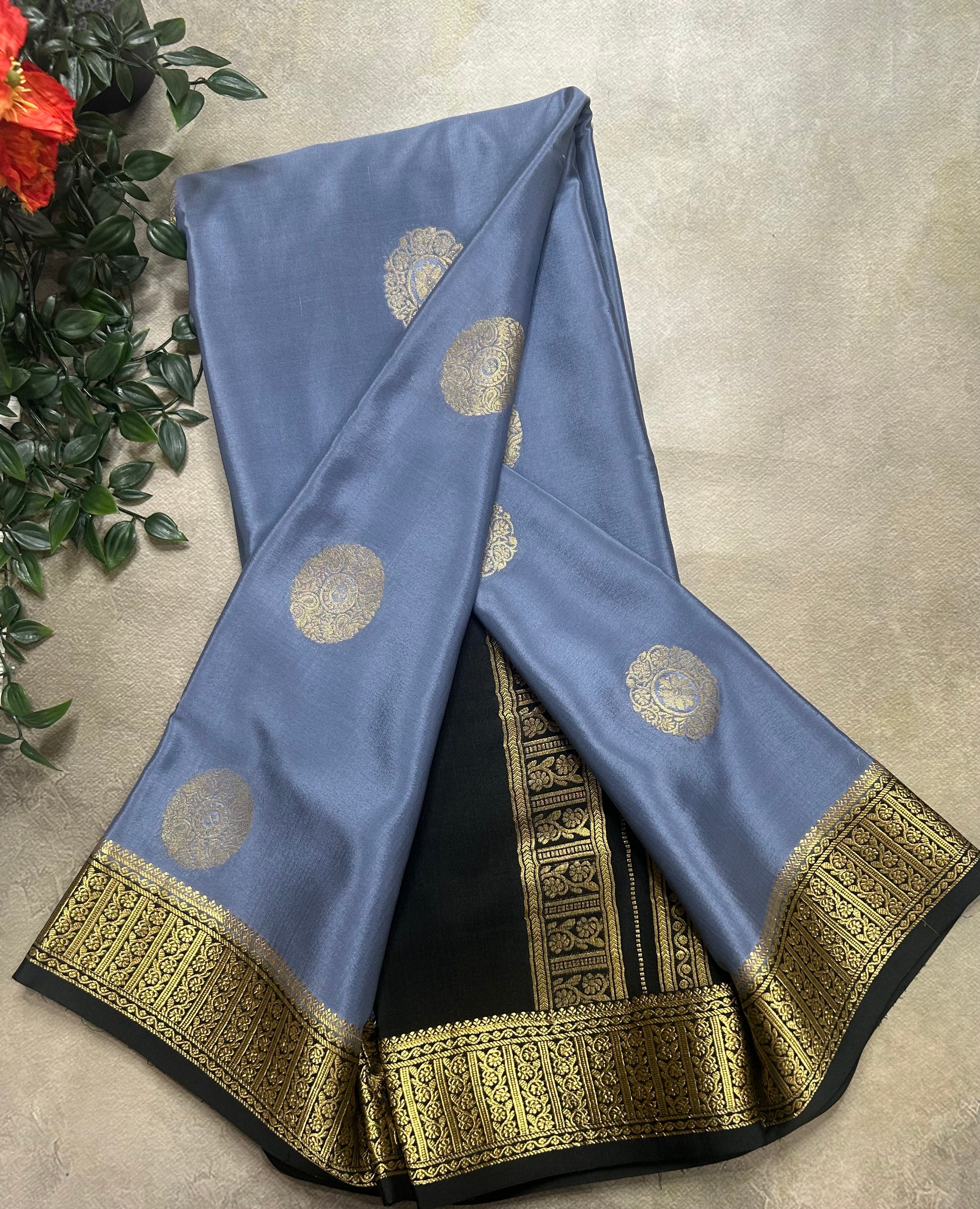 Grey n black big Butta pure Mysore silk-104 saree