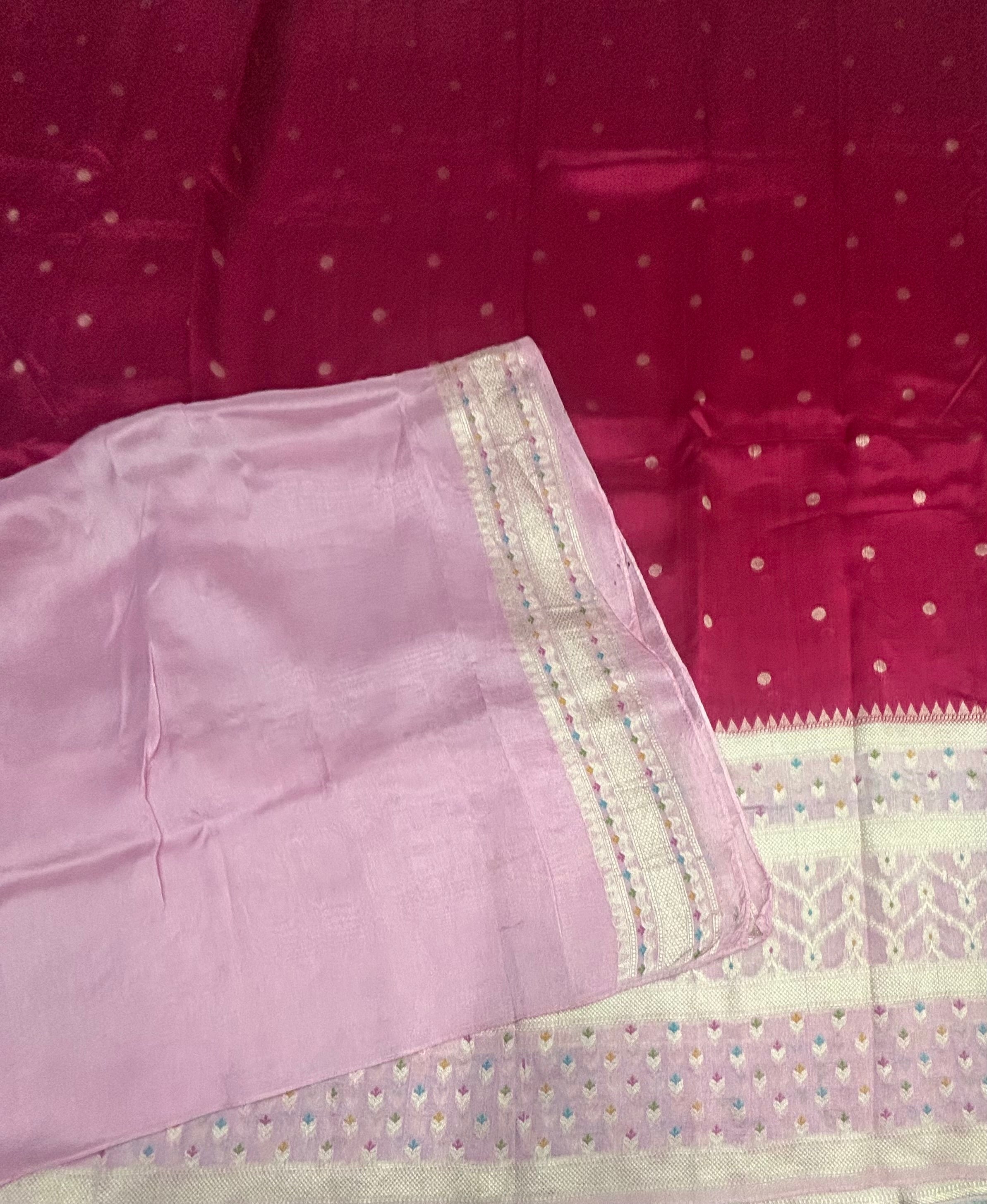 Rani pink n pastel pink long border semi Tussar crepe saree