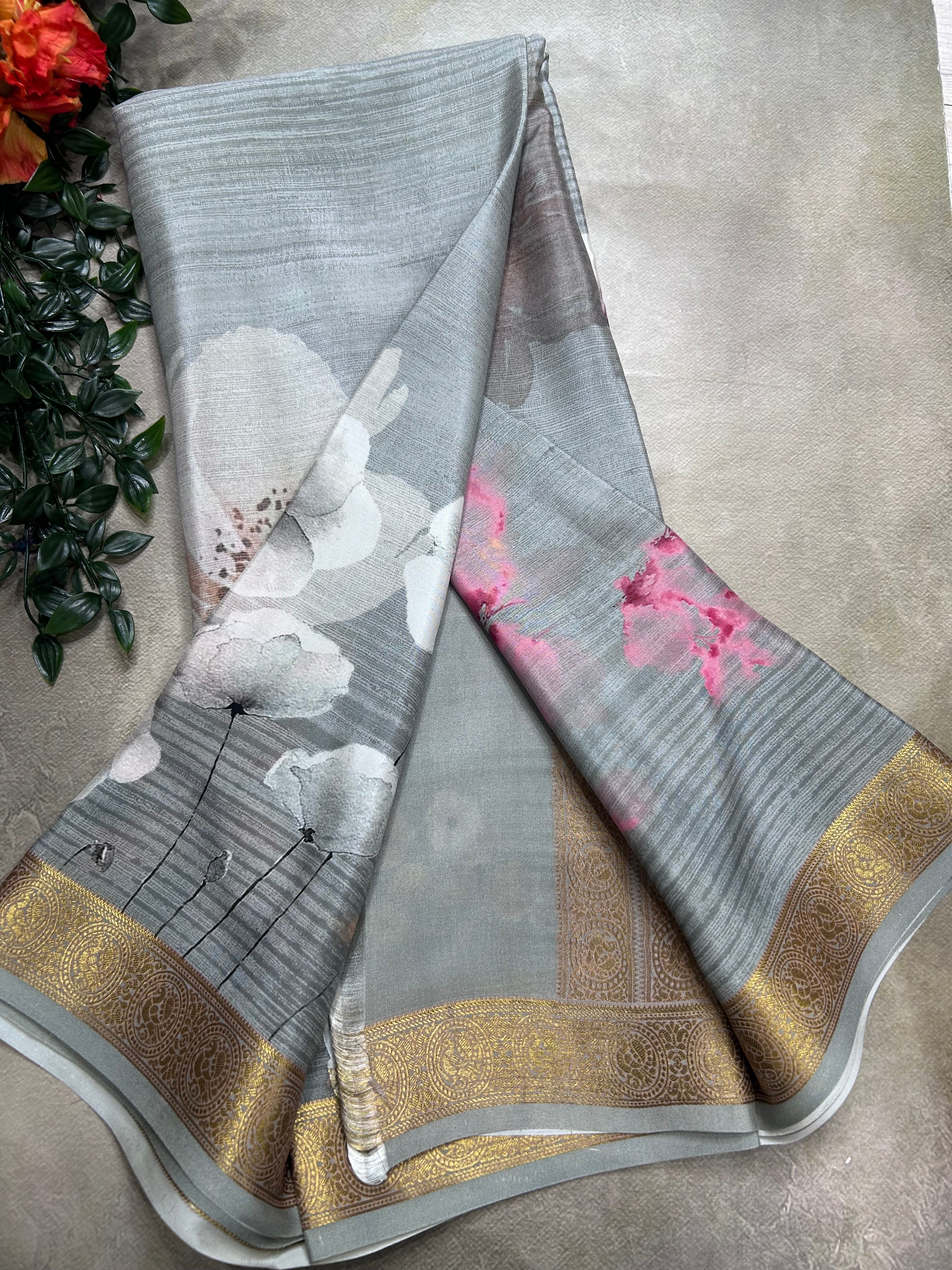 Grey digital print pure mysore silk saree(DMS106)
