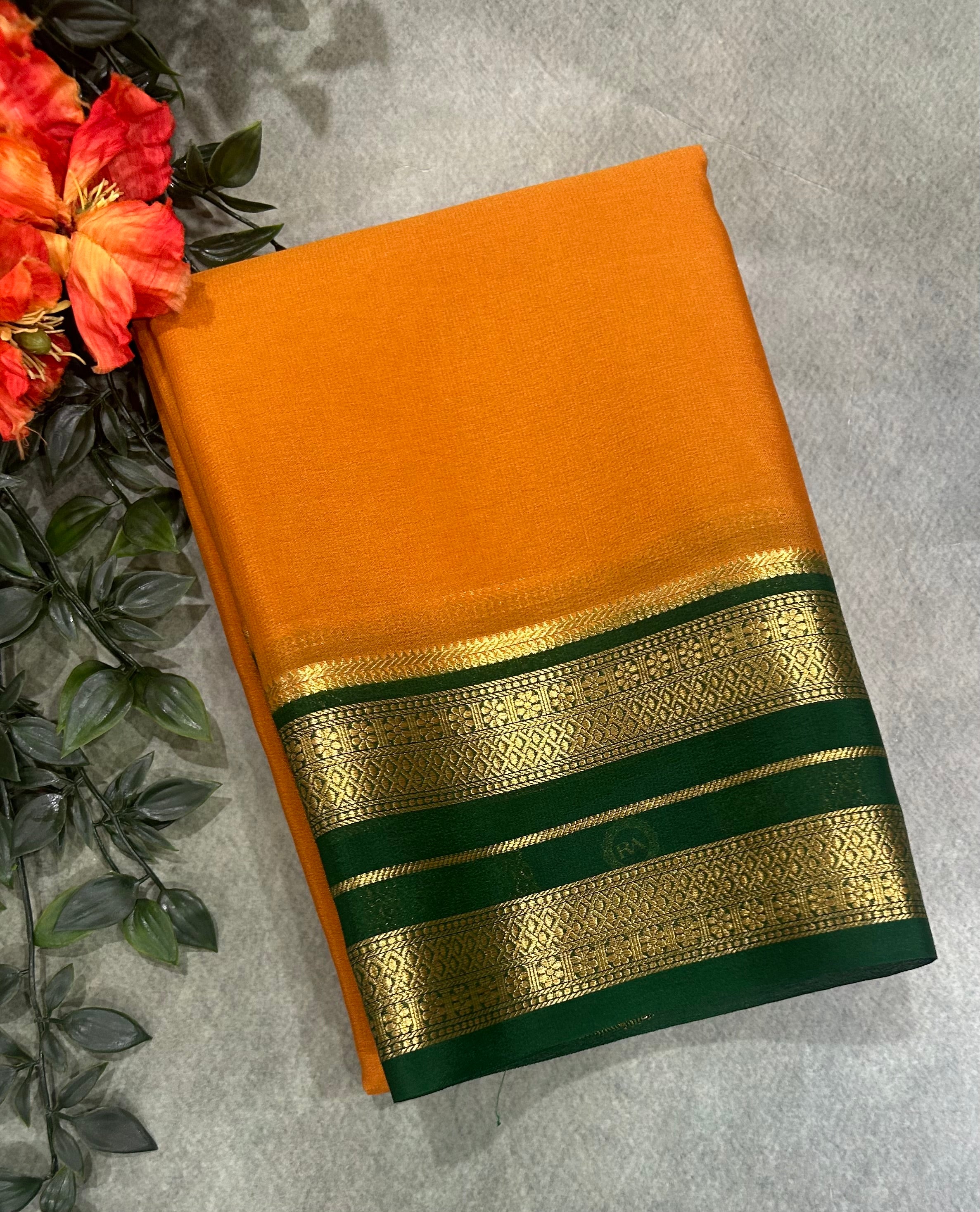 Mustard yellow n green pure Mysore crepe silk saree