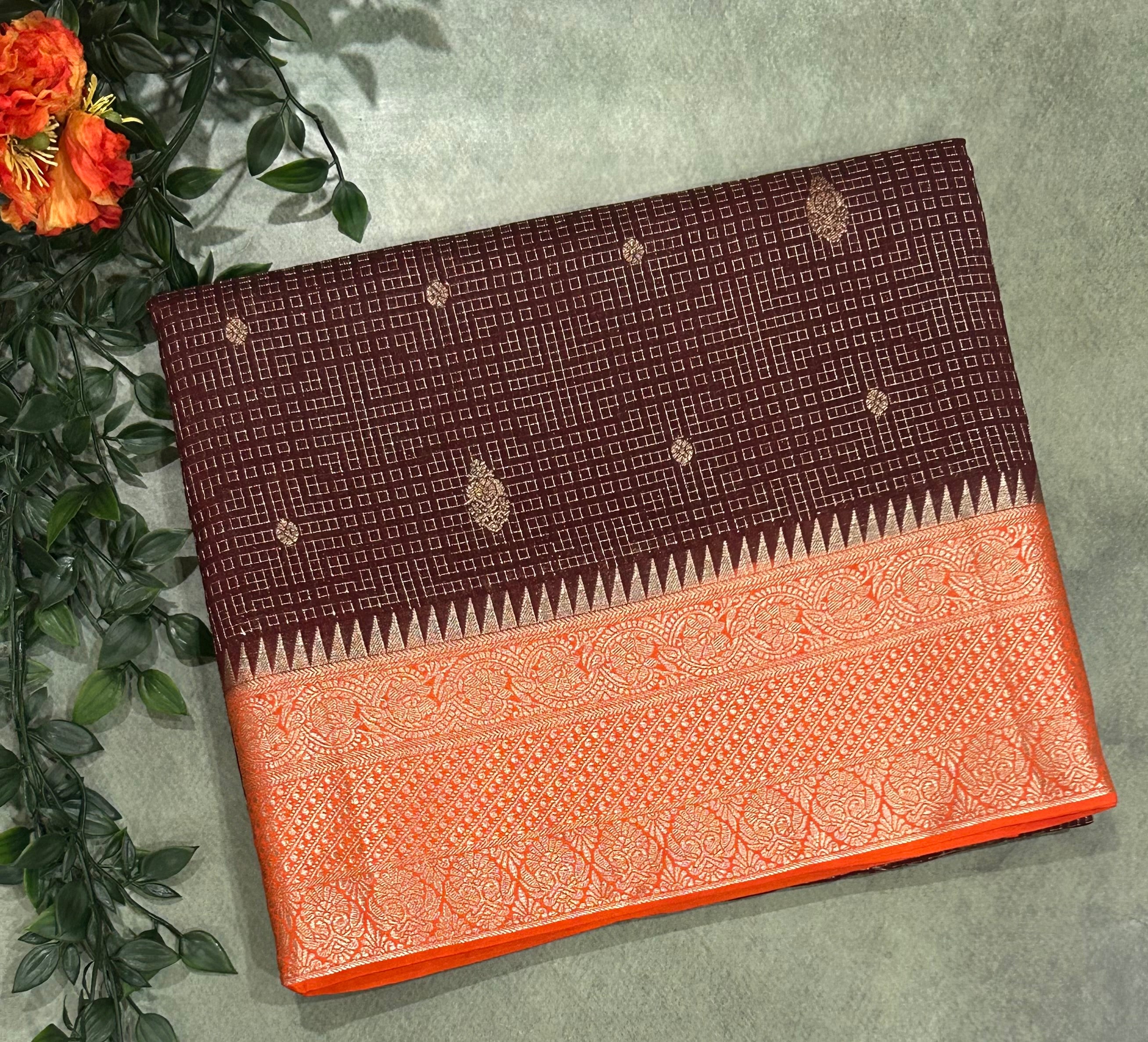 Dark brown contrast dola checks 103 saree