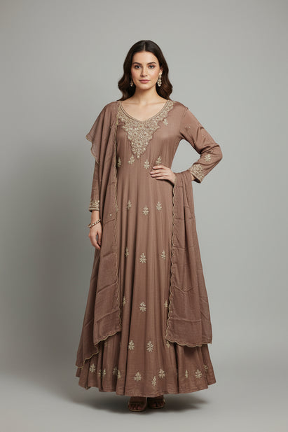 LIGHT BROWN Anarkali chinnon handwork party ware Kurtha 567