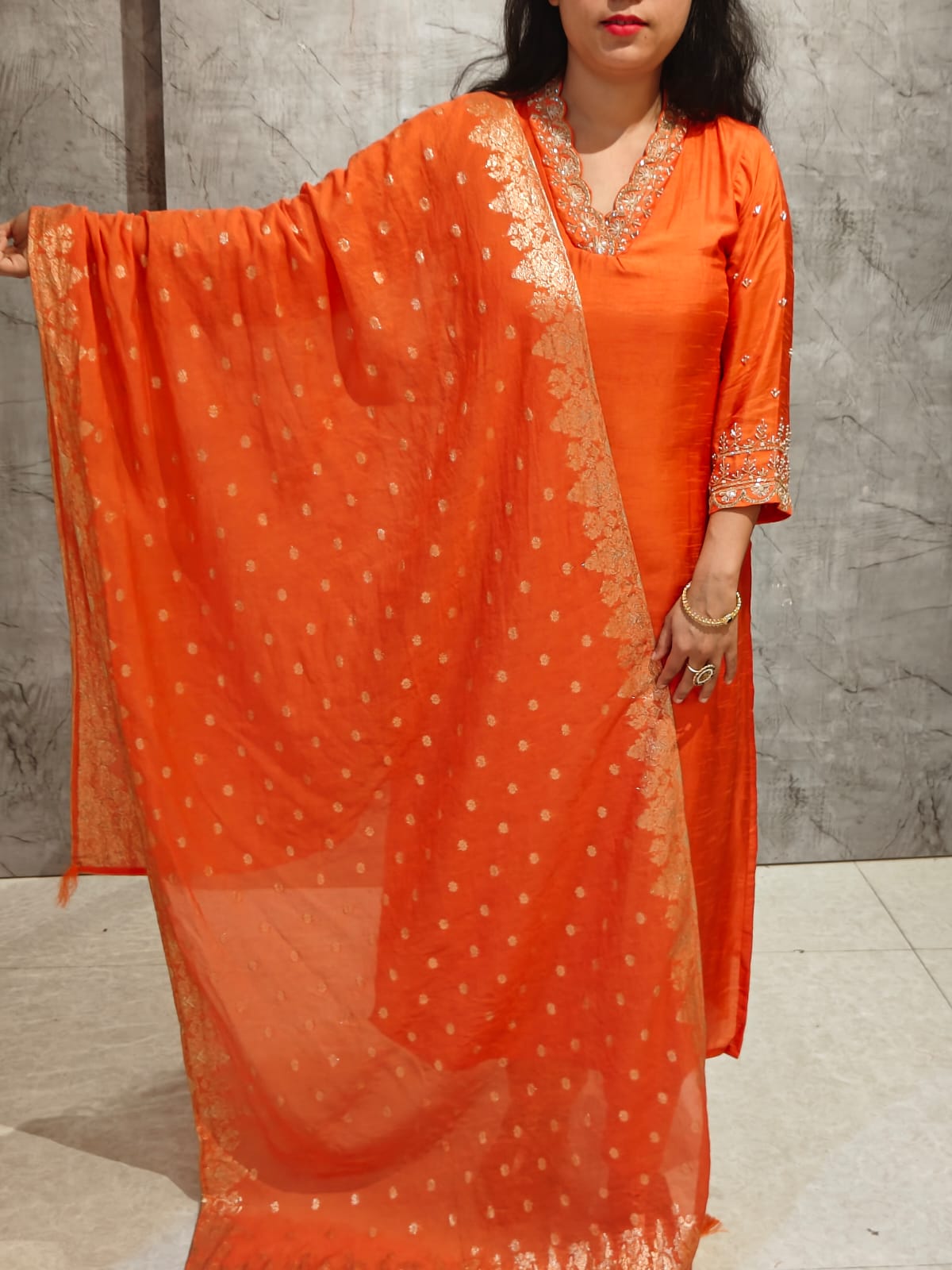 Orange Dola Silk Kurtha 66 Hand Embroidery With Banarasi Dupatta