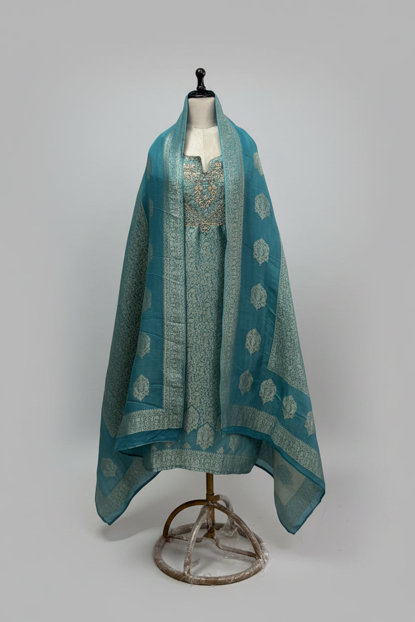 Steal Blue Banarasi Tissue Silk Straight Kurtha 112