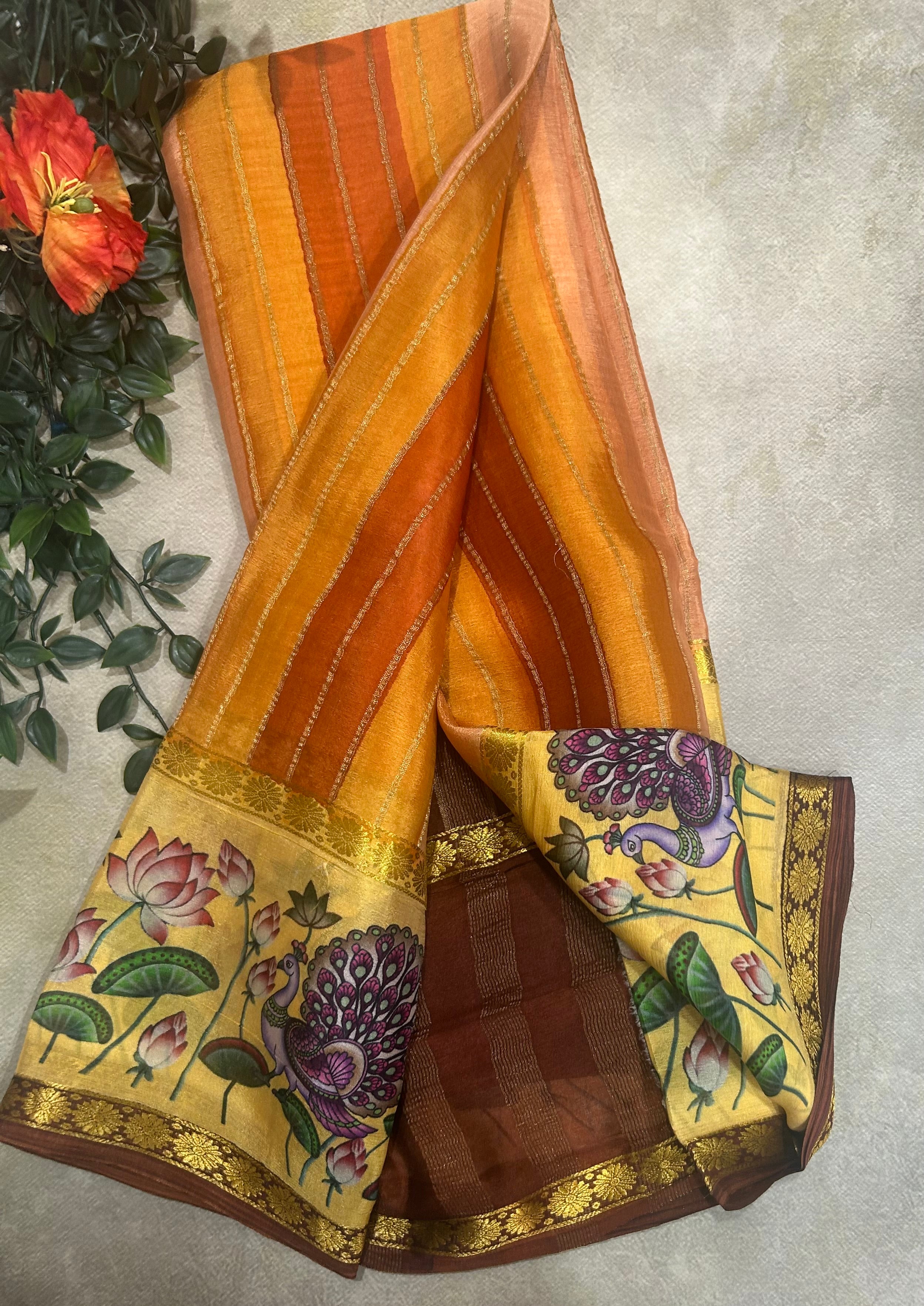 Rankart kalamkari border pure wrinkle 103 crepe silk saree