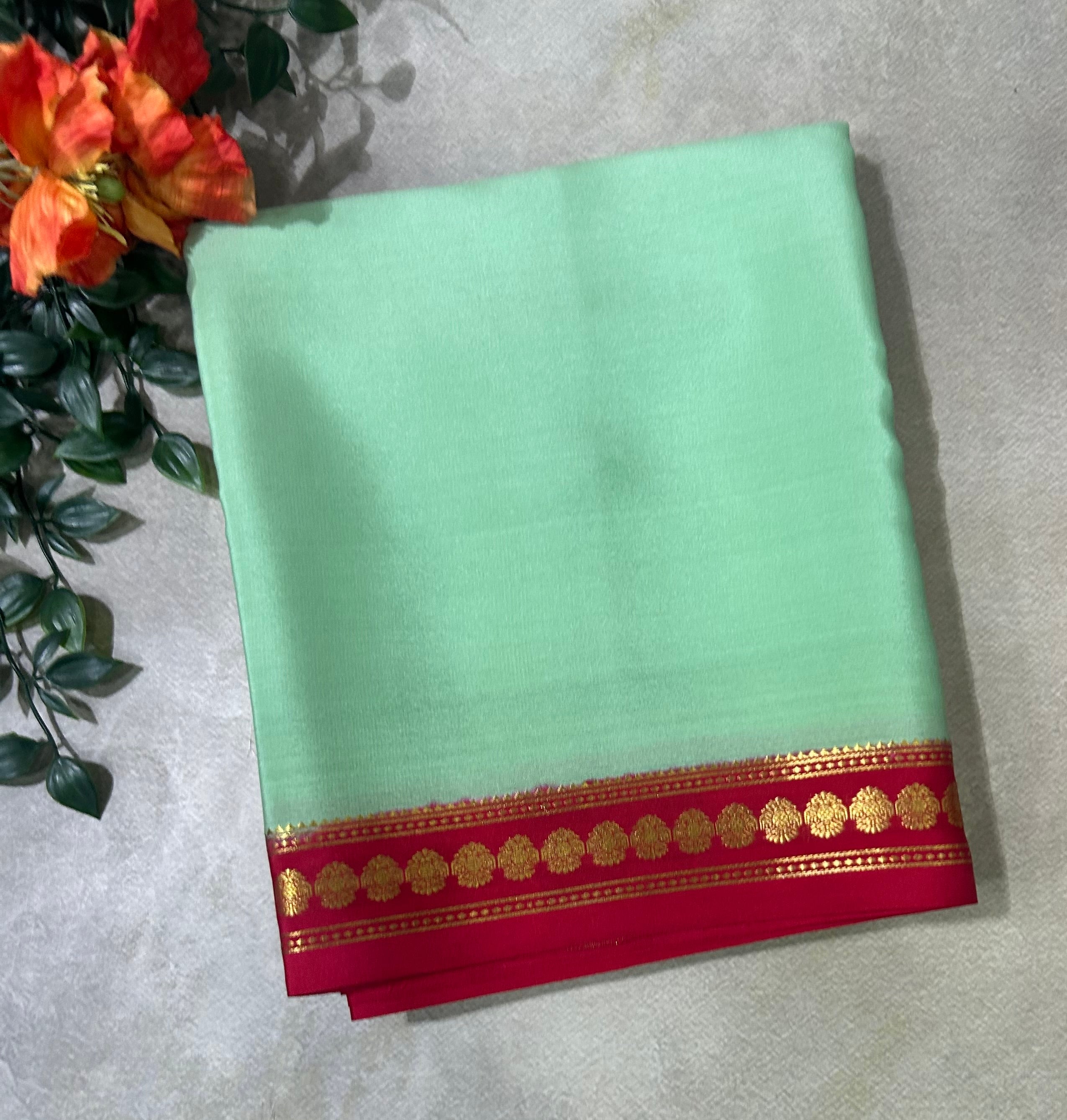 Pastel green small border pure Mysore silk 104 saree
