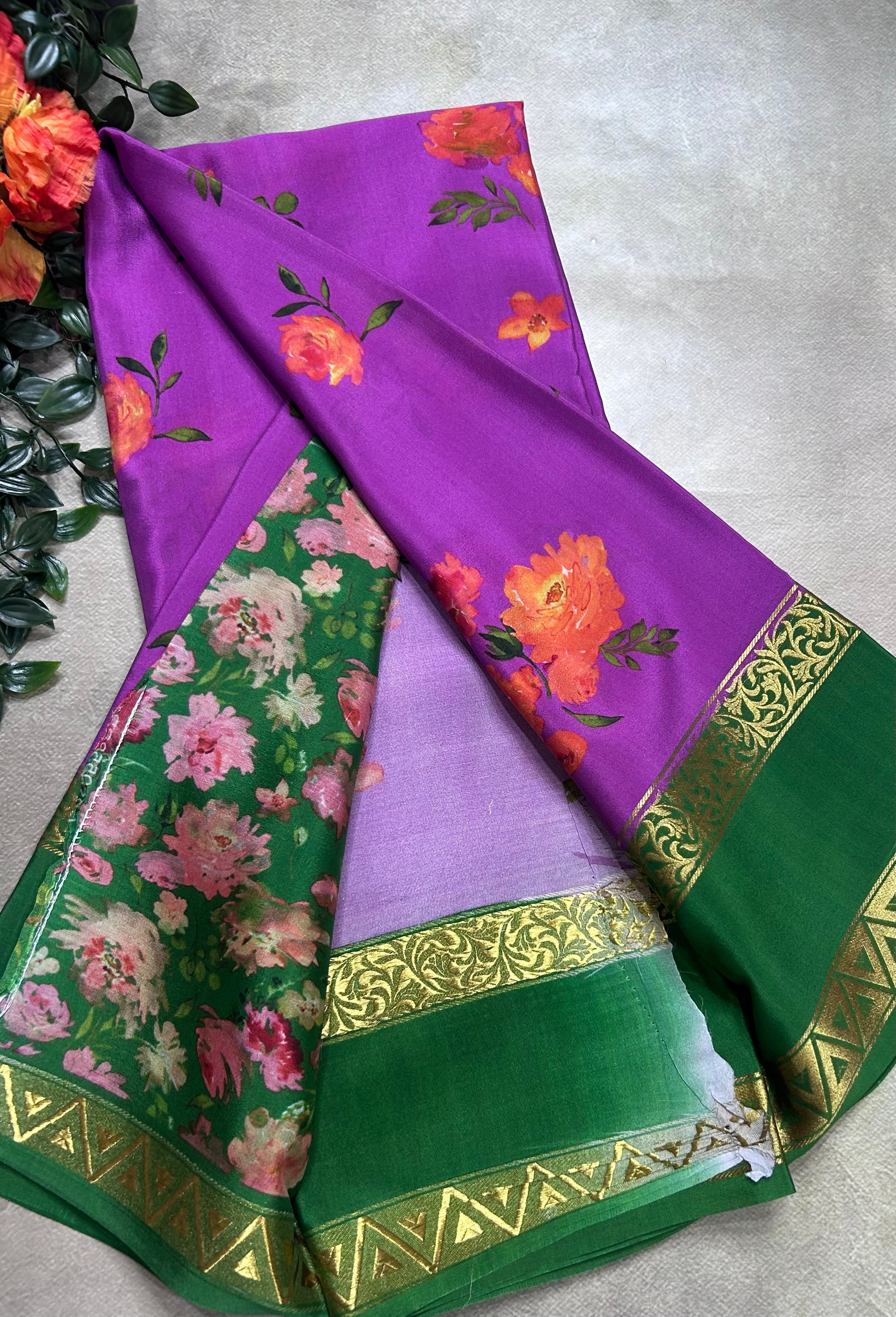 Purple digital print pure mysore silk saree(DMS106)