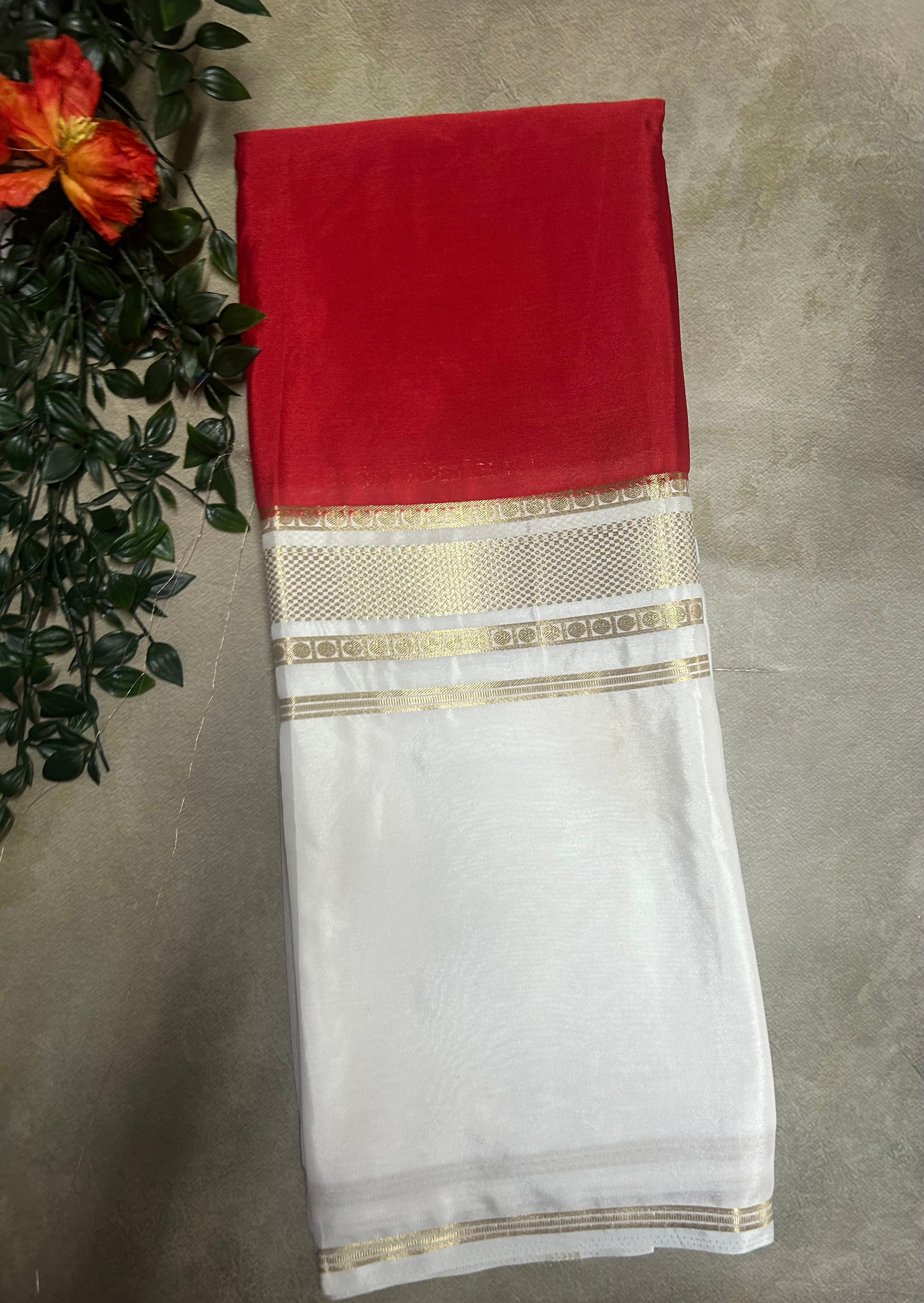 Red and white 4border Semi Mysore Crepe Silk Saree