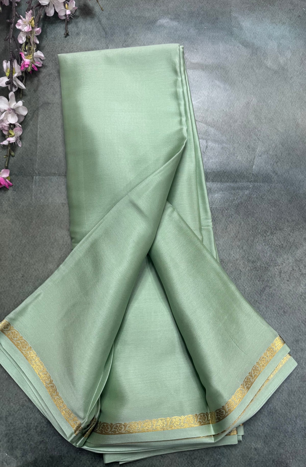 Pastel green one inch border pure Mysore silk saree