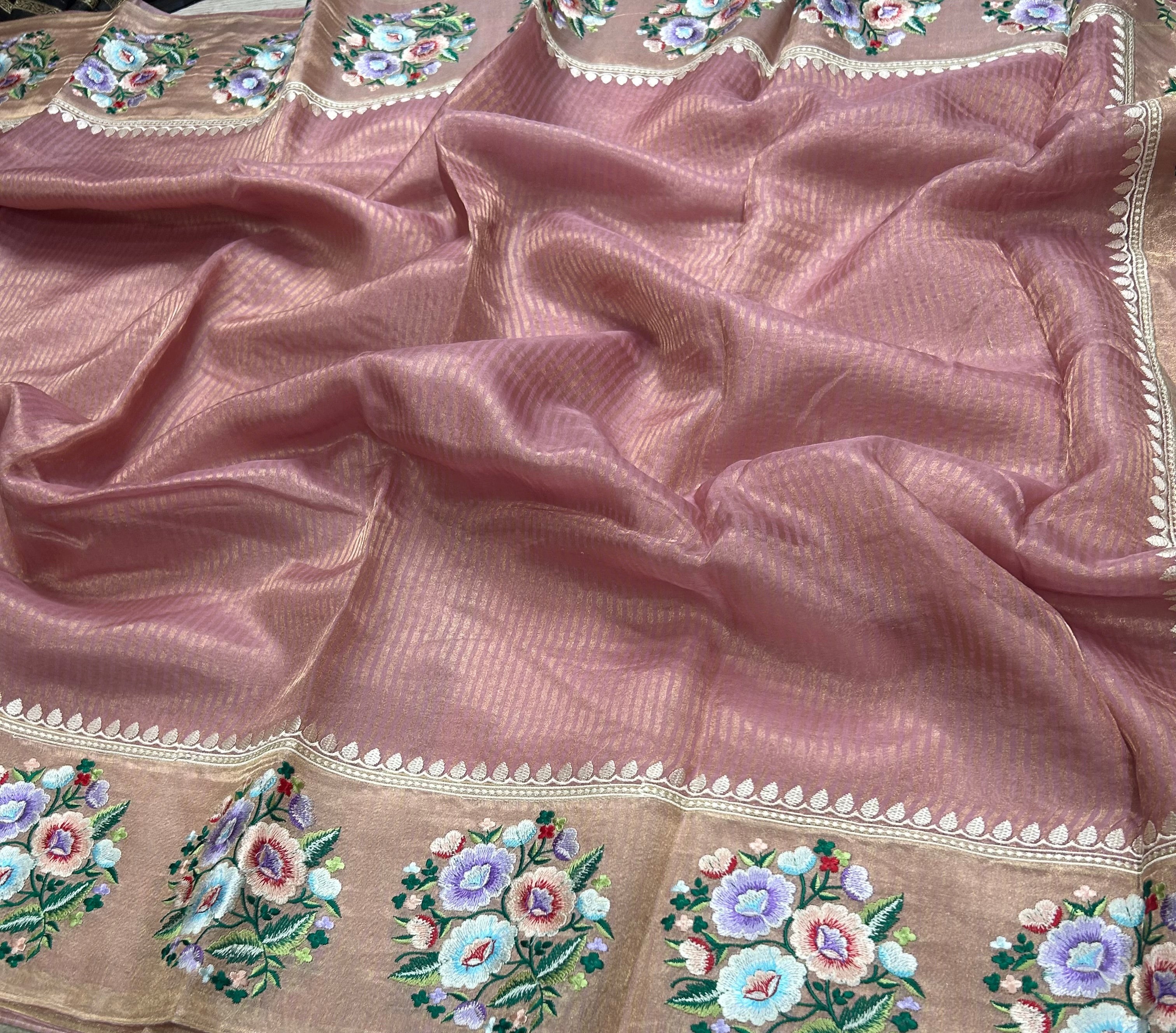Light pink stripes floral embroidery work pure organza 105 saree