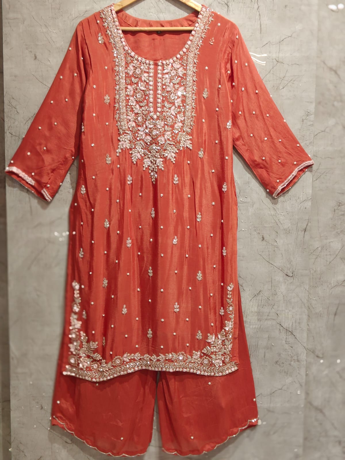Brike Orange Chinnon Hand Embroidery Sharara Kurtha