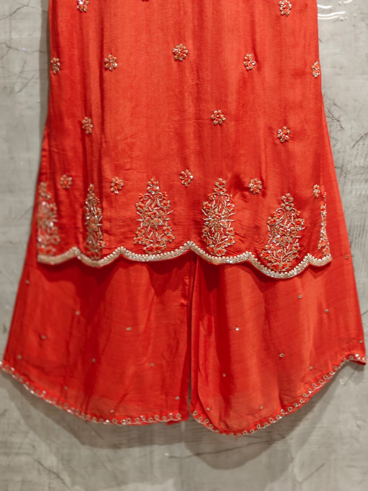 Red Chinnon Hand Embroidery Sharara Kurtha
