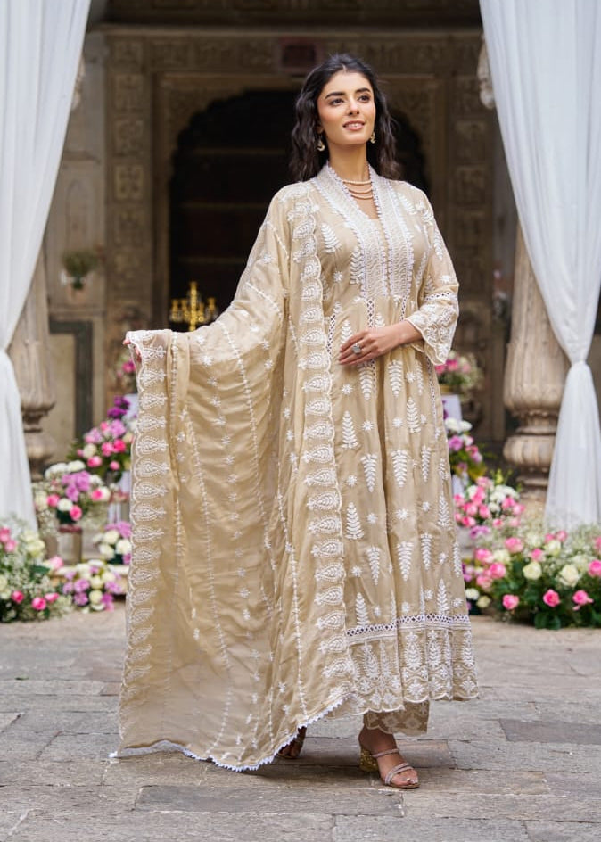 Beige Cotton Hakkoba Work Anarkali Kurtha 459