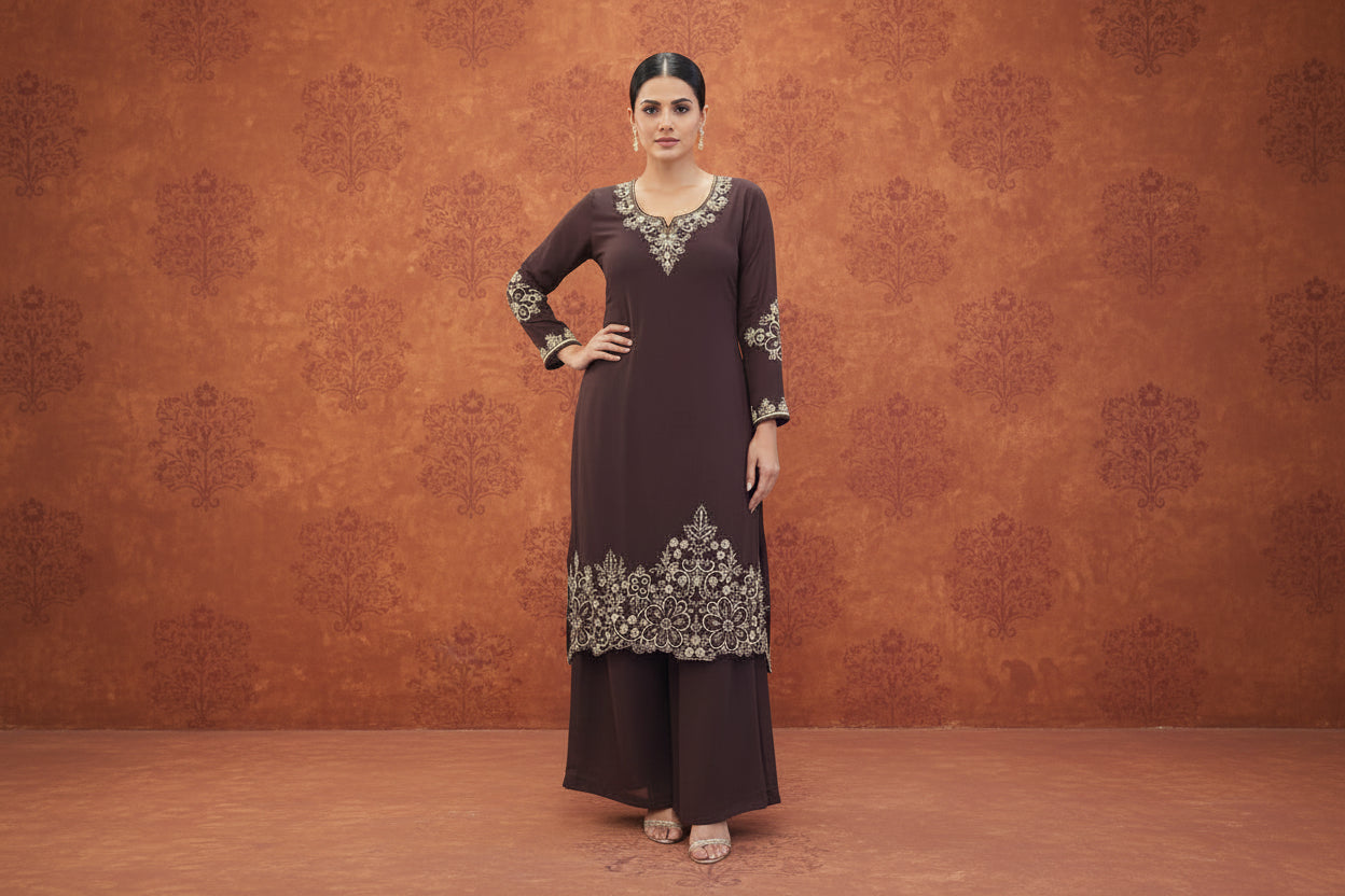 Brown Chinnon Hand Embroidery Airline Kurtha 673