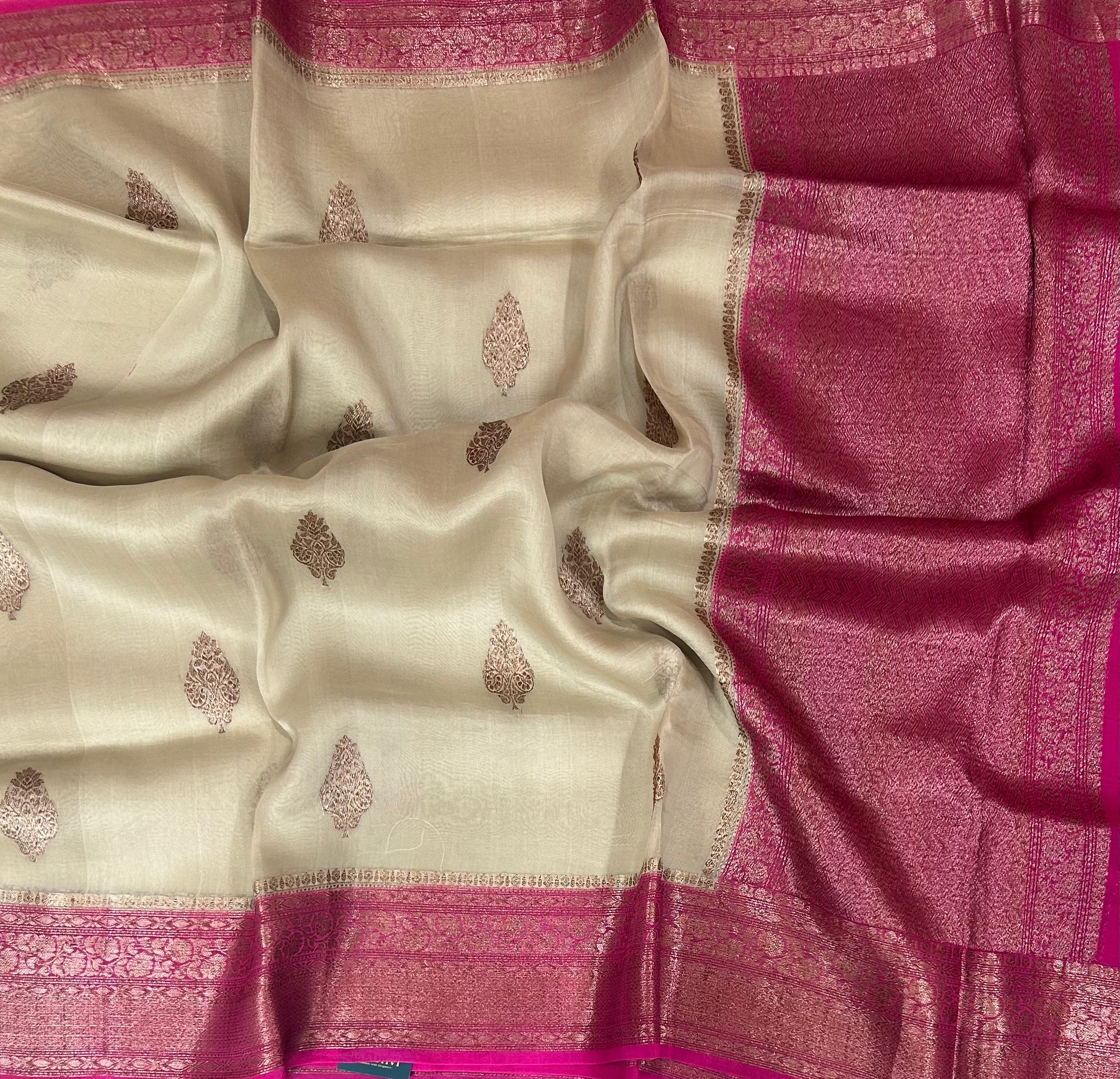 Cream n pink pure kora organza saree