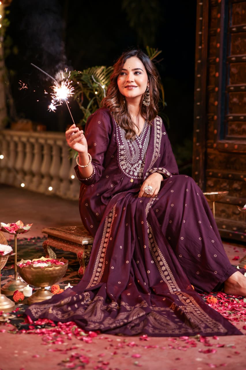 Purple Cotton Hand Embroidery Airline Kurtha 677