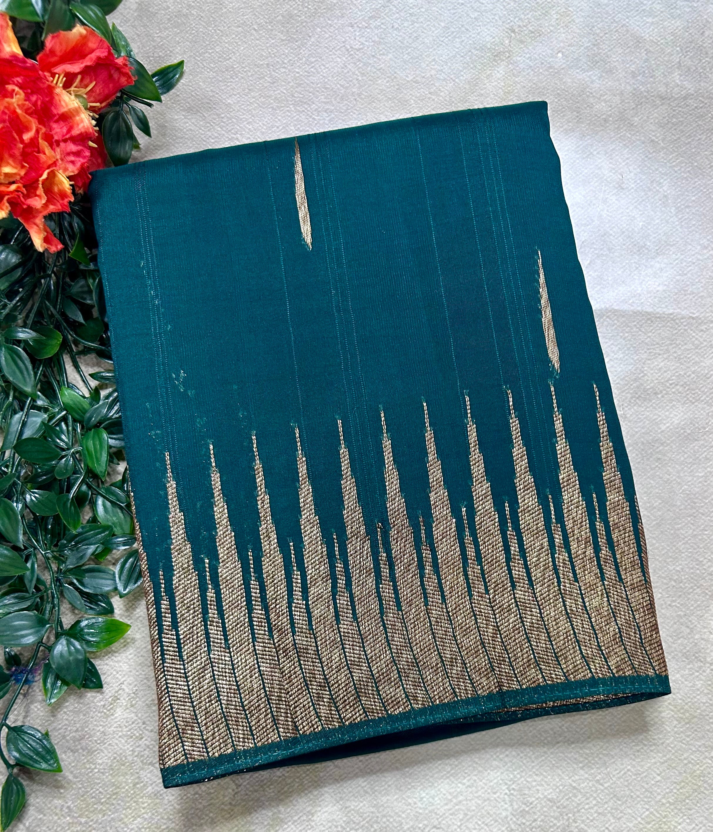 Bottle green temple border tussar crepe 106 silk saree