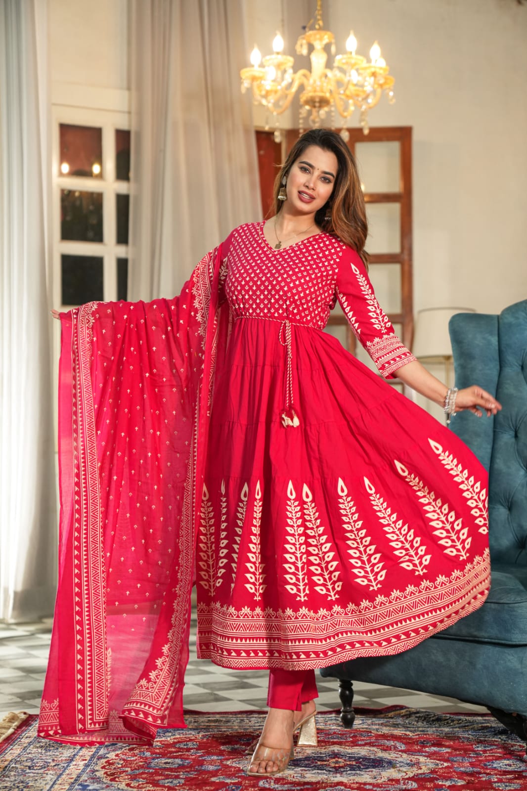 "Naya" Pink Mul Cotton Block Print  Anarkali Kurtha 100