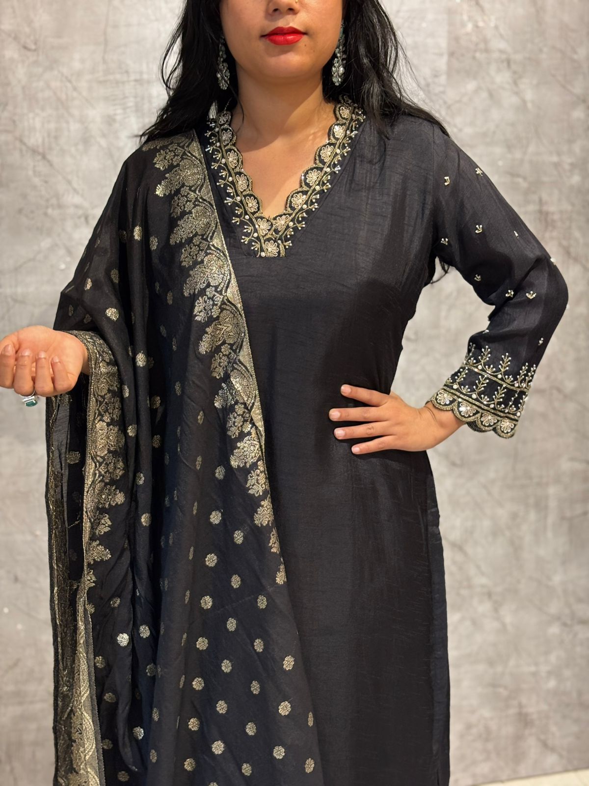 Black Dola Silk Kurtha 66 Hand Embroidery  with Banarasi Dupatta