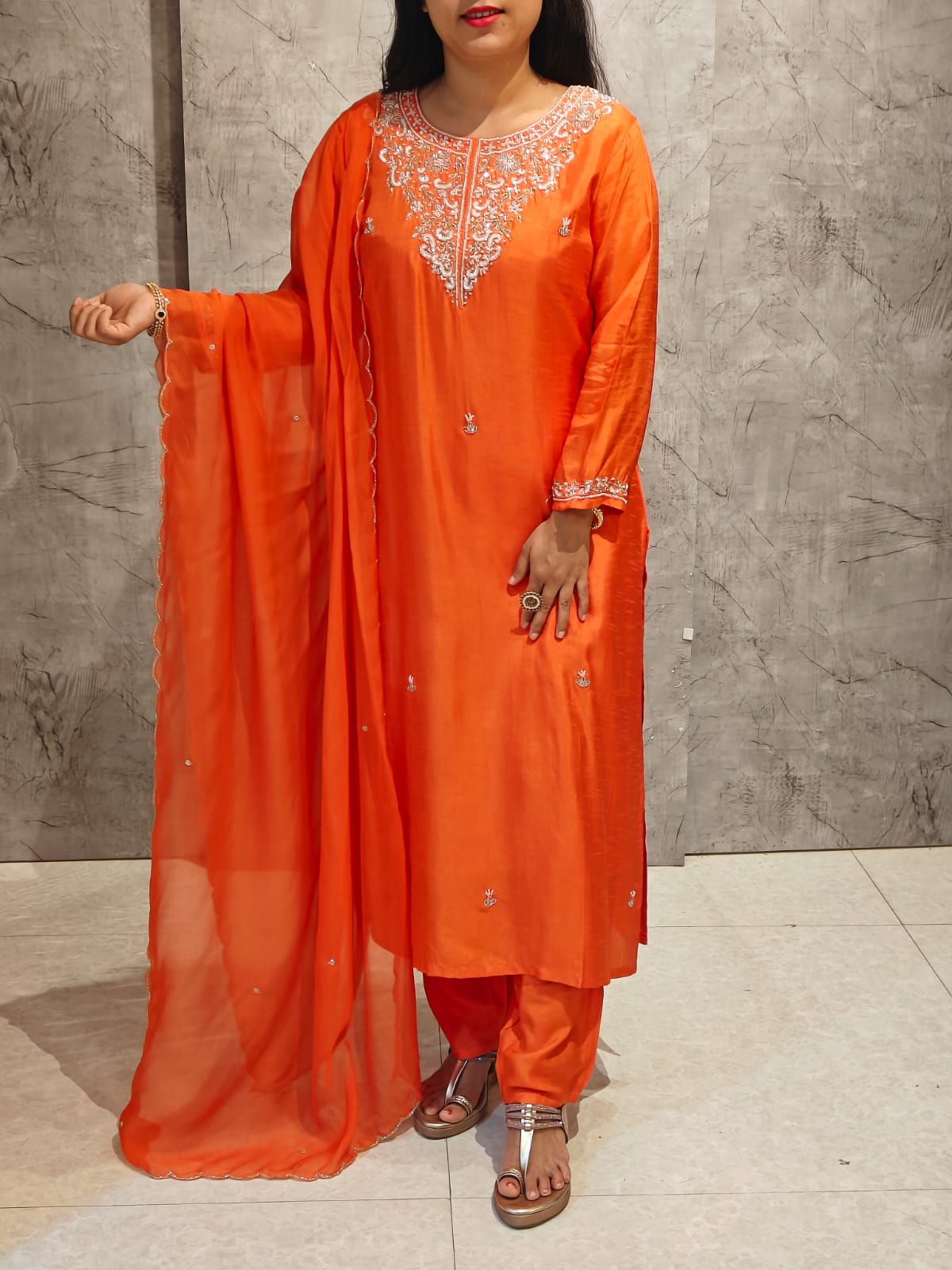 Orange Dola Silk Hand Embroidery Straight Fit Kurtha
