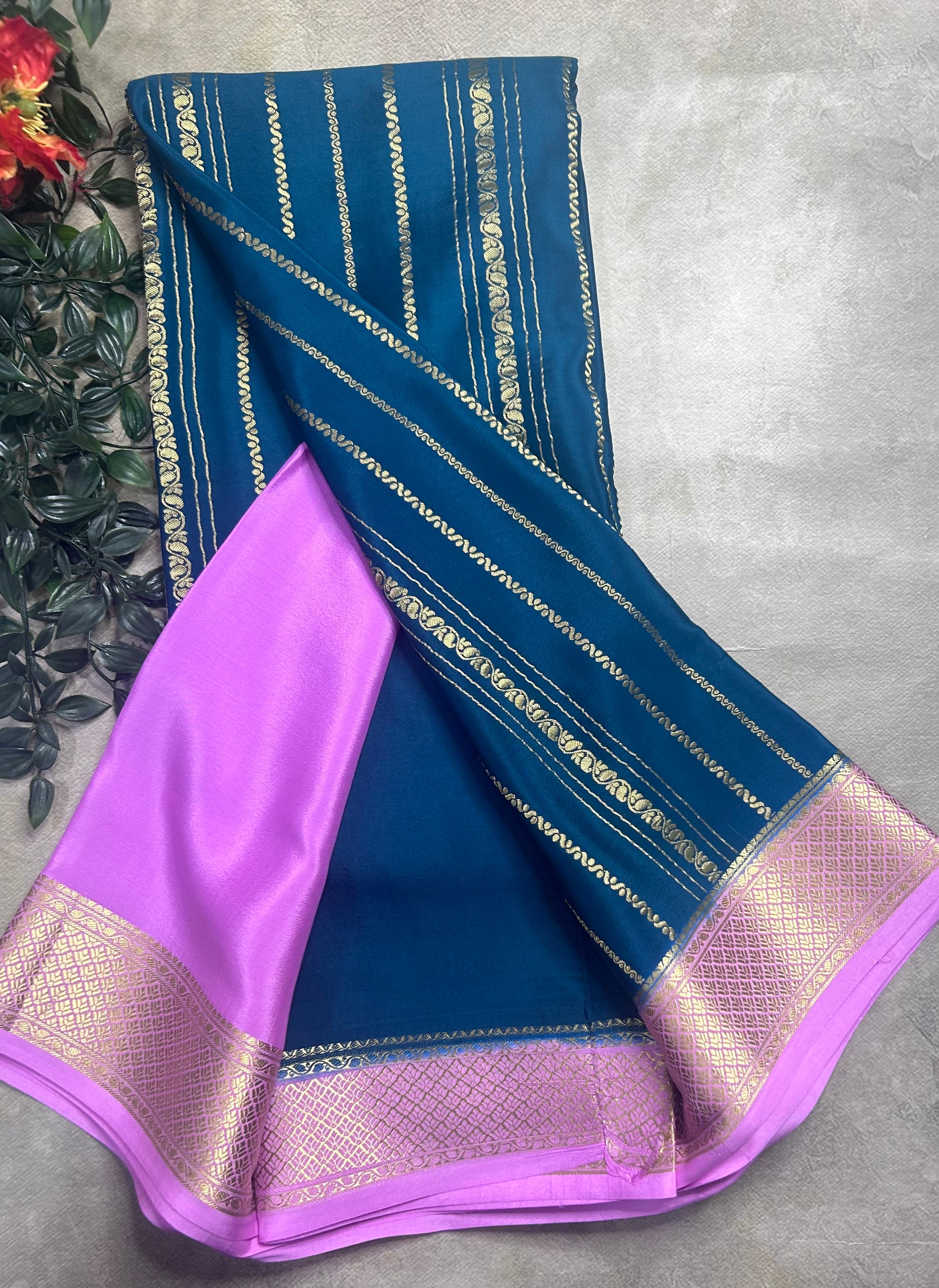 Peacock blue stripes pure mysore crepe silk saree (SMS106)