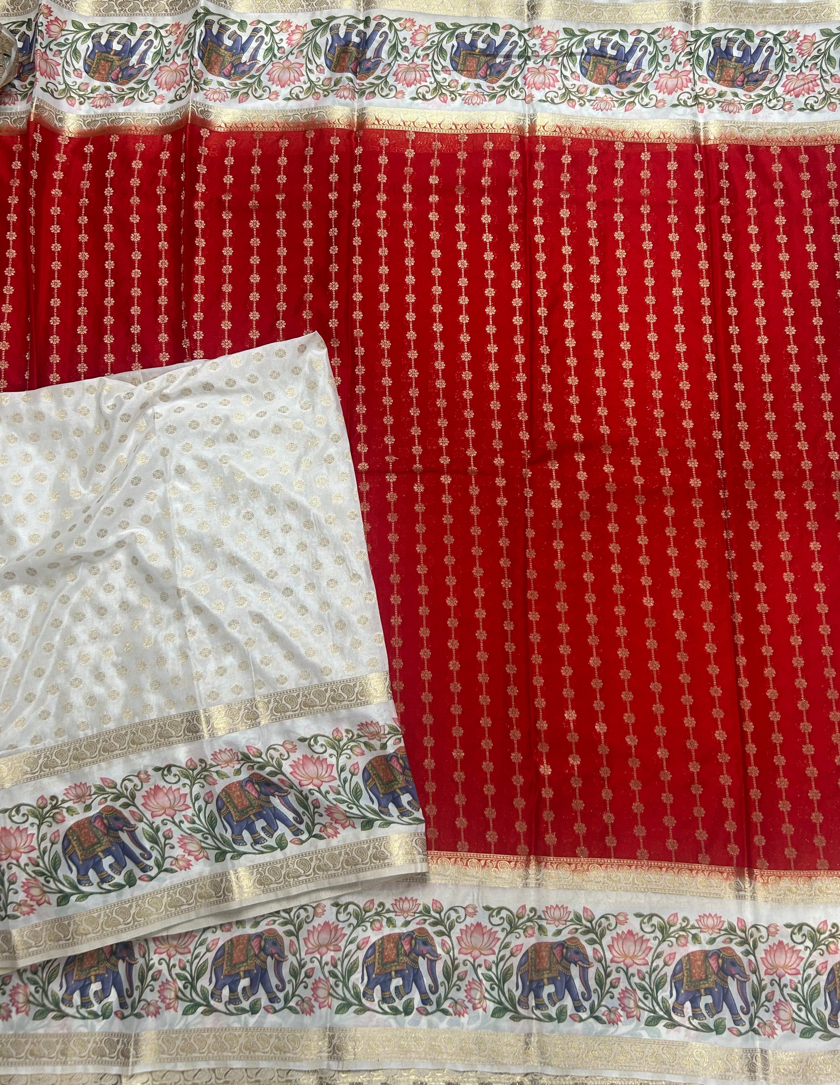 Red bentex border printed semi Mysore 105 saree