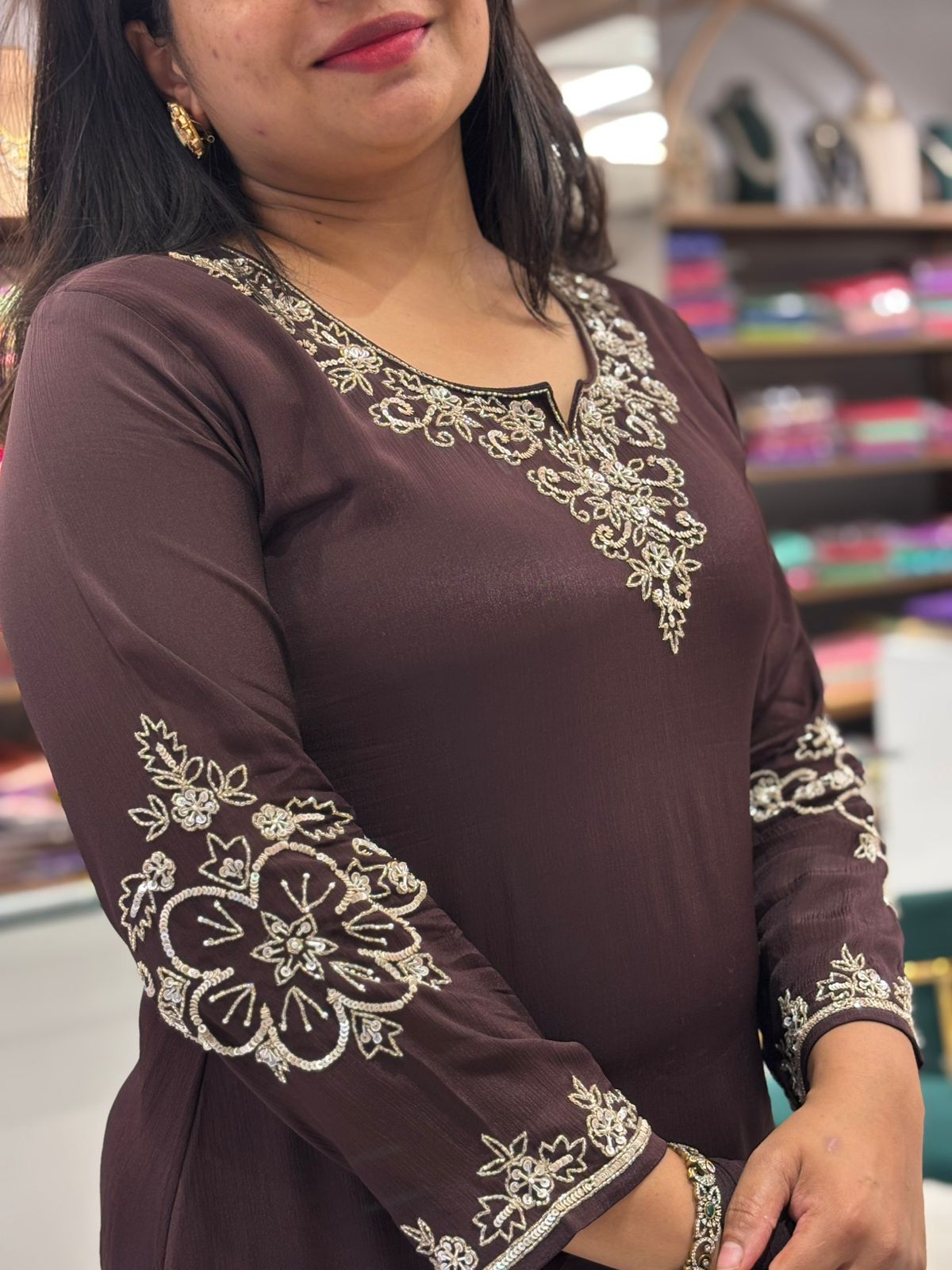 Brown Chinnon Hand Embroidery Airline Kurtha 673