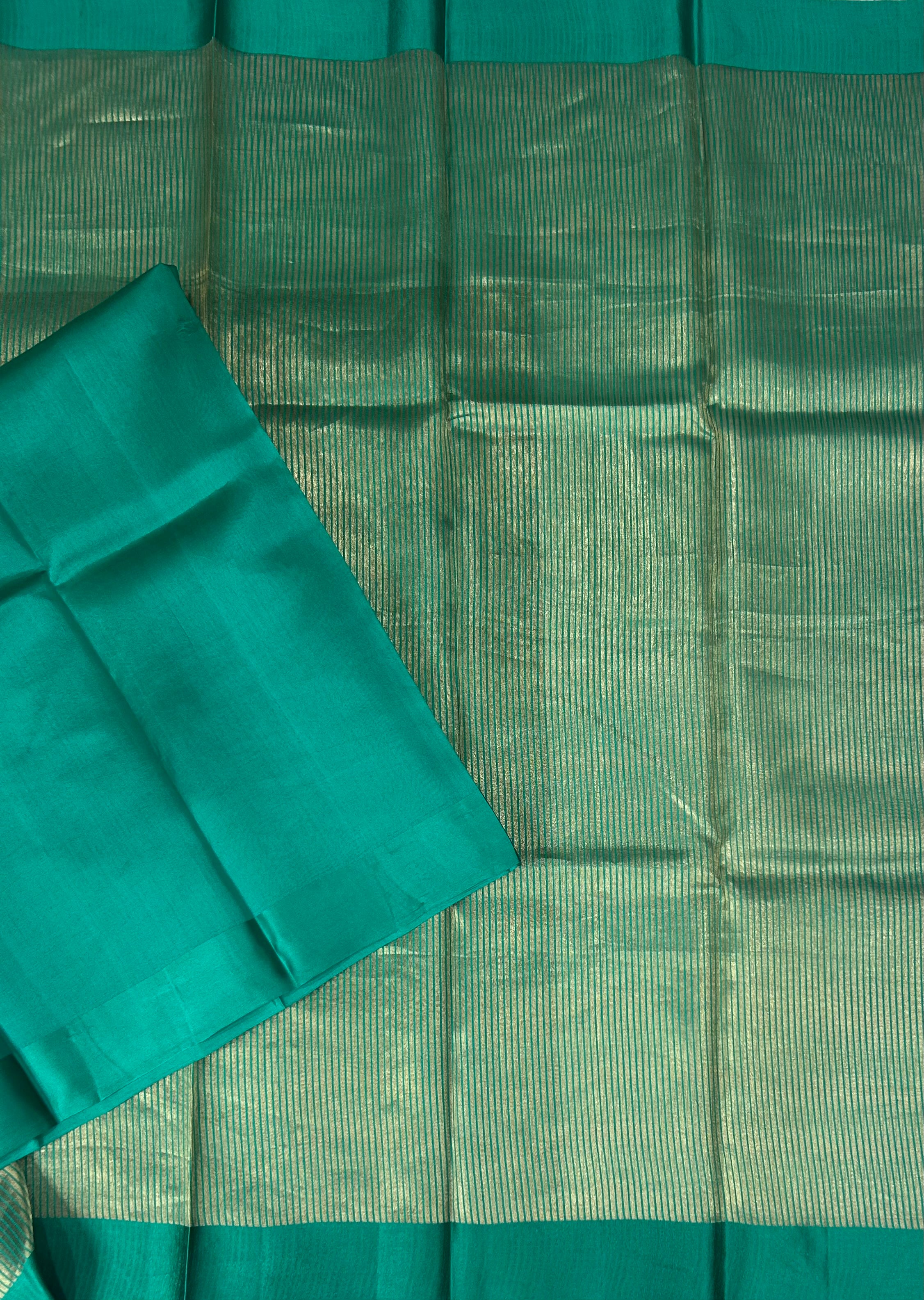 Rama green stripes Lightweight Pure Tissue Satin Border-12 Saree