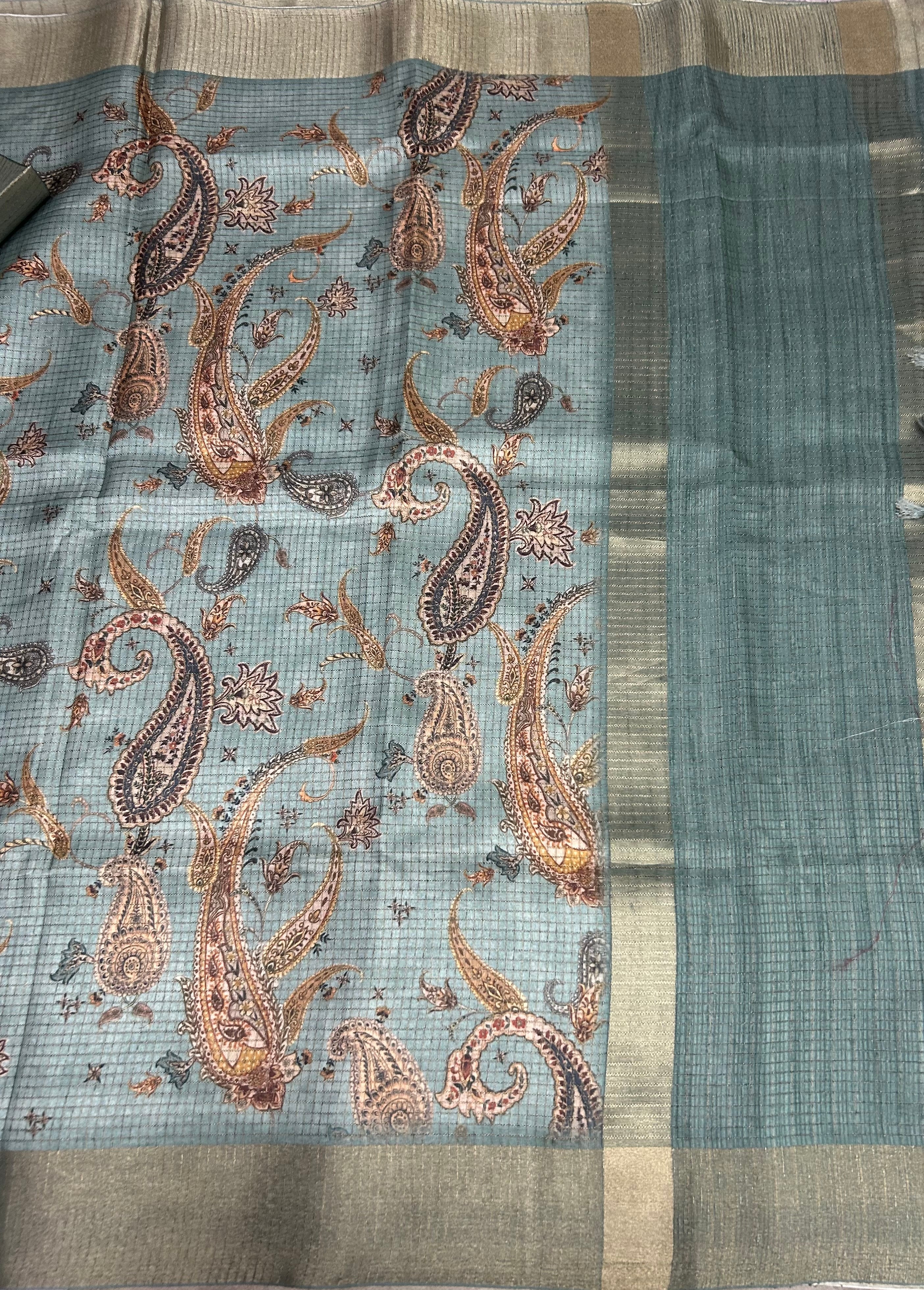 Sea green small check Digital print Tussar crêpe saree