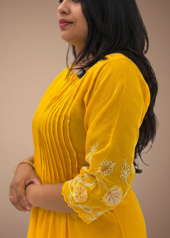 Yellow Cotton Hand Embroidery Cord Set Kurtha 487