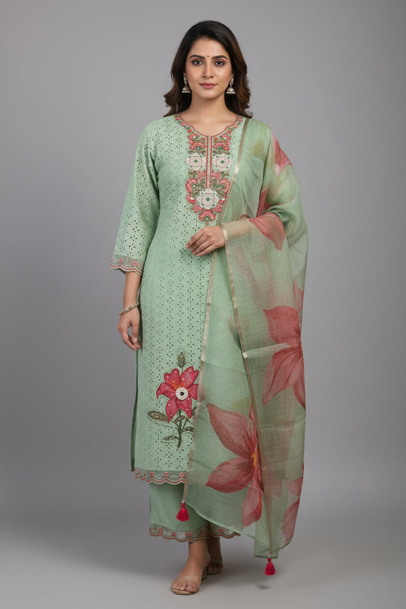 Green Cotton  Chikankari Kurtha  151