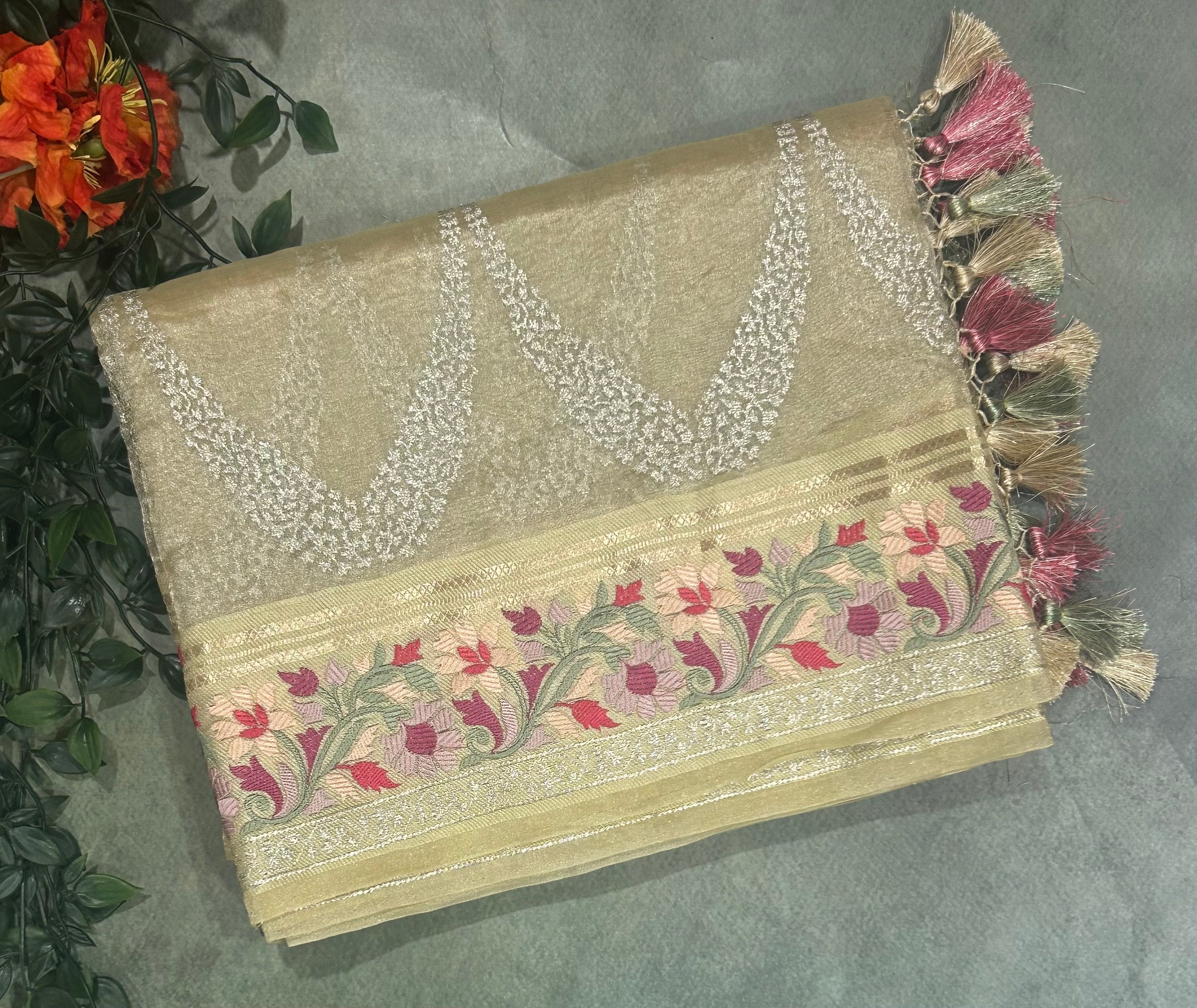 Golden embrodiery pure organza tissue 103 saree