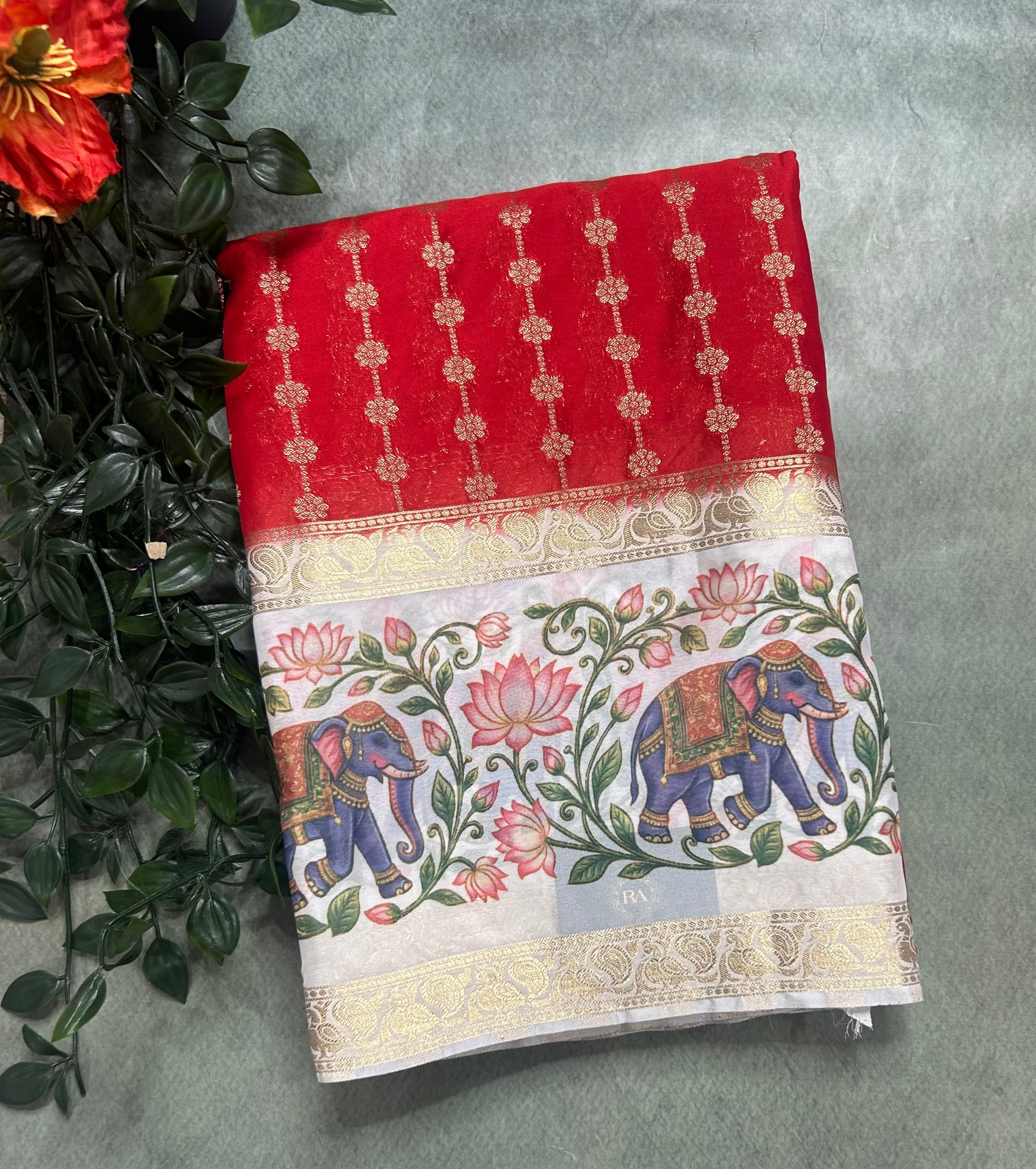 Red bentex border printed semi Mysore 105 saree