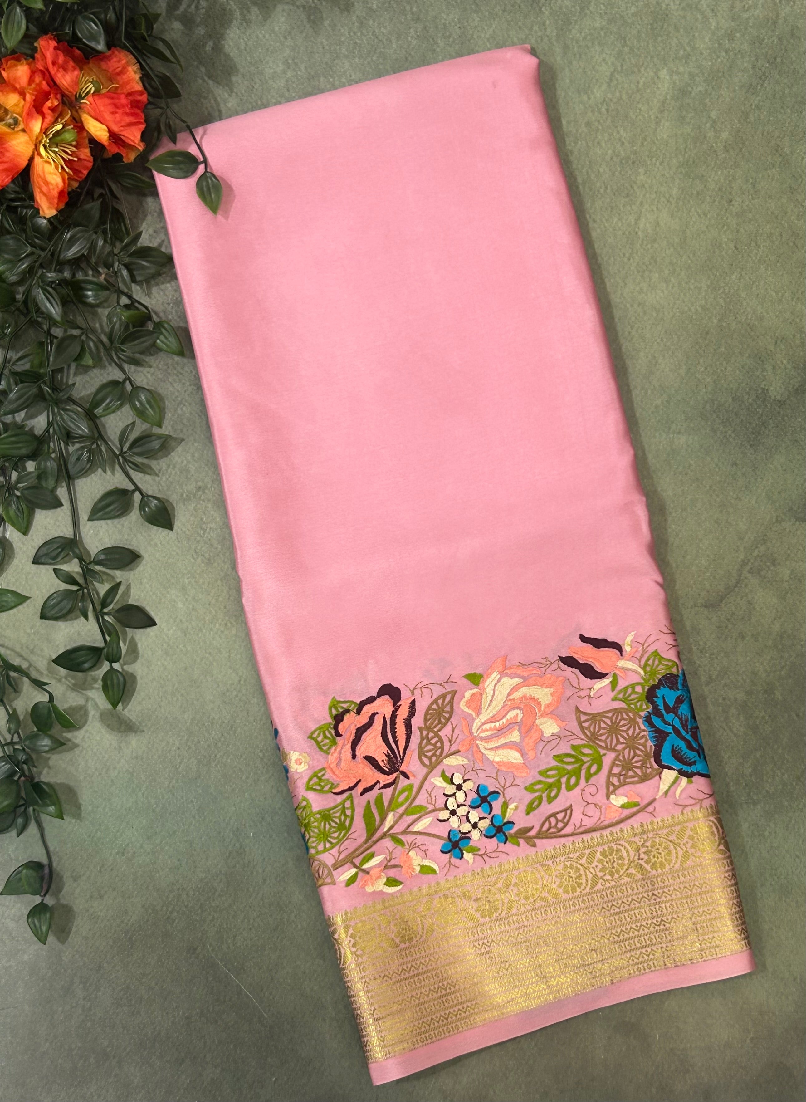 Pastel pink embroidery pure Mysore crepe silk saree