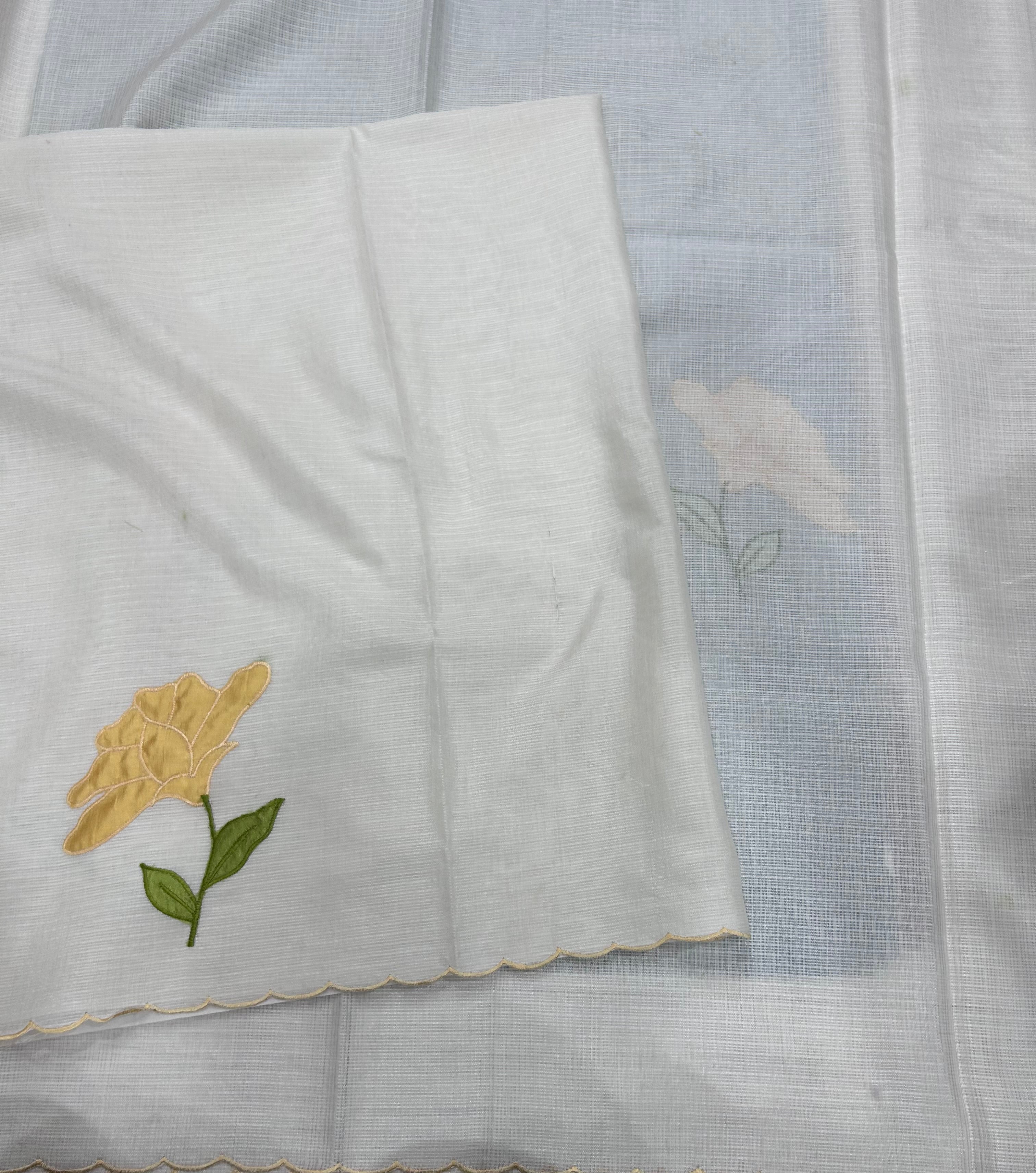 Cream scallop border yellow embroidery work Kota check 106 Saree