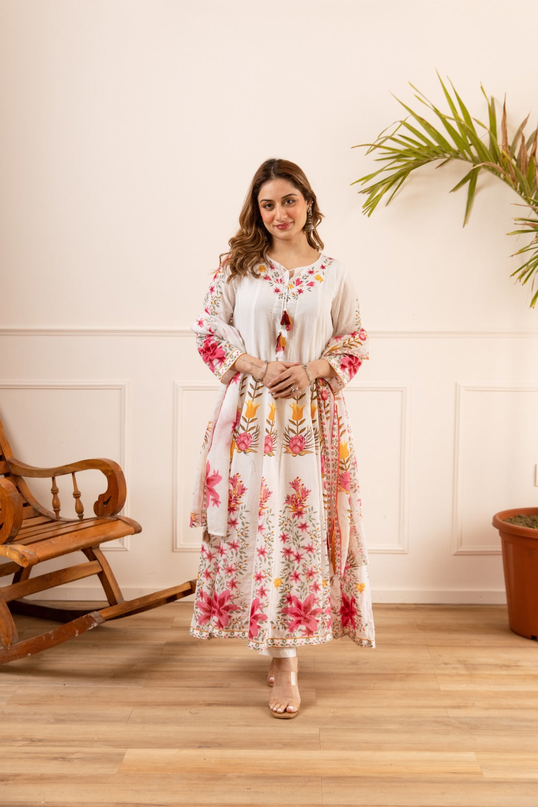 White Cotton Anarkali With Beatiful Block Print Kurtha