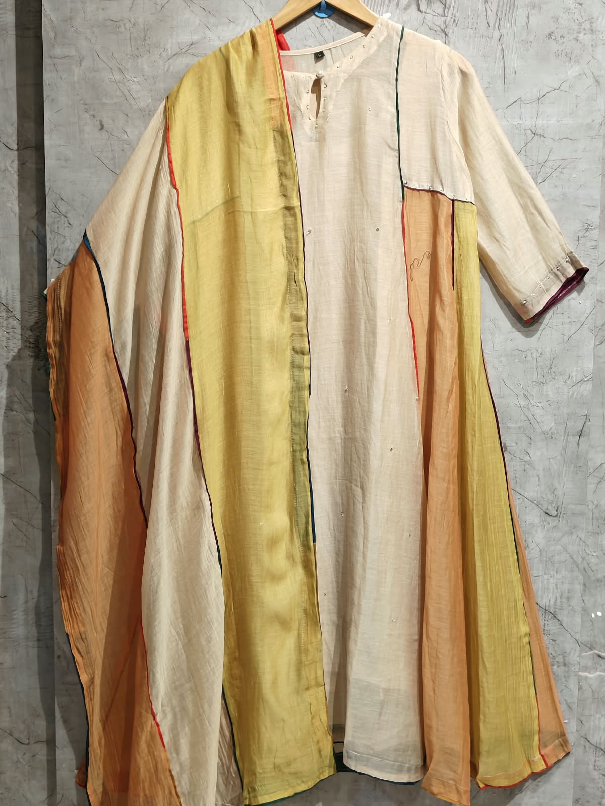 Cream MUL CHANDHERI Handwork Partyware Kurtha 225