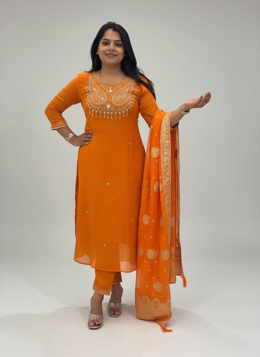 Orange Mul Chanderi  Embroidery Airline Kurtha 170