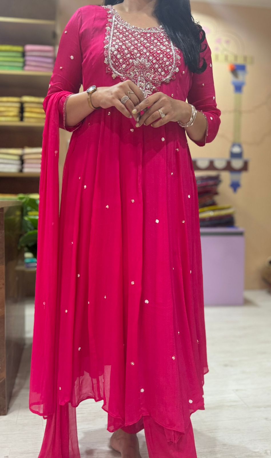 Pink Anarkali Chinnon Hand Embroidery Kurtha 567