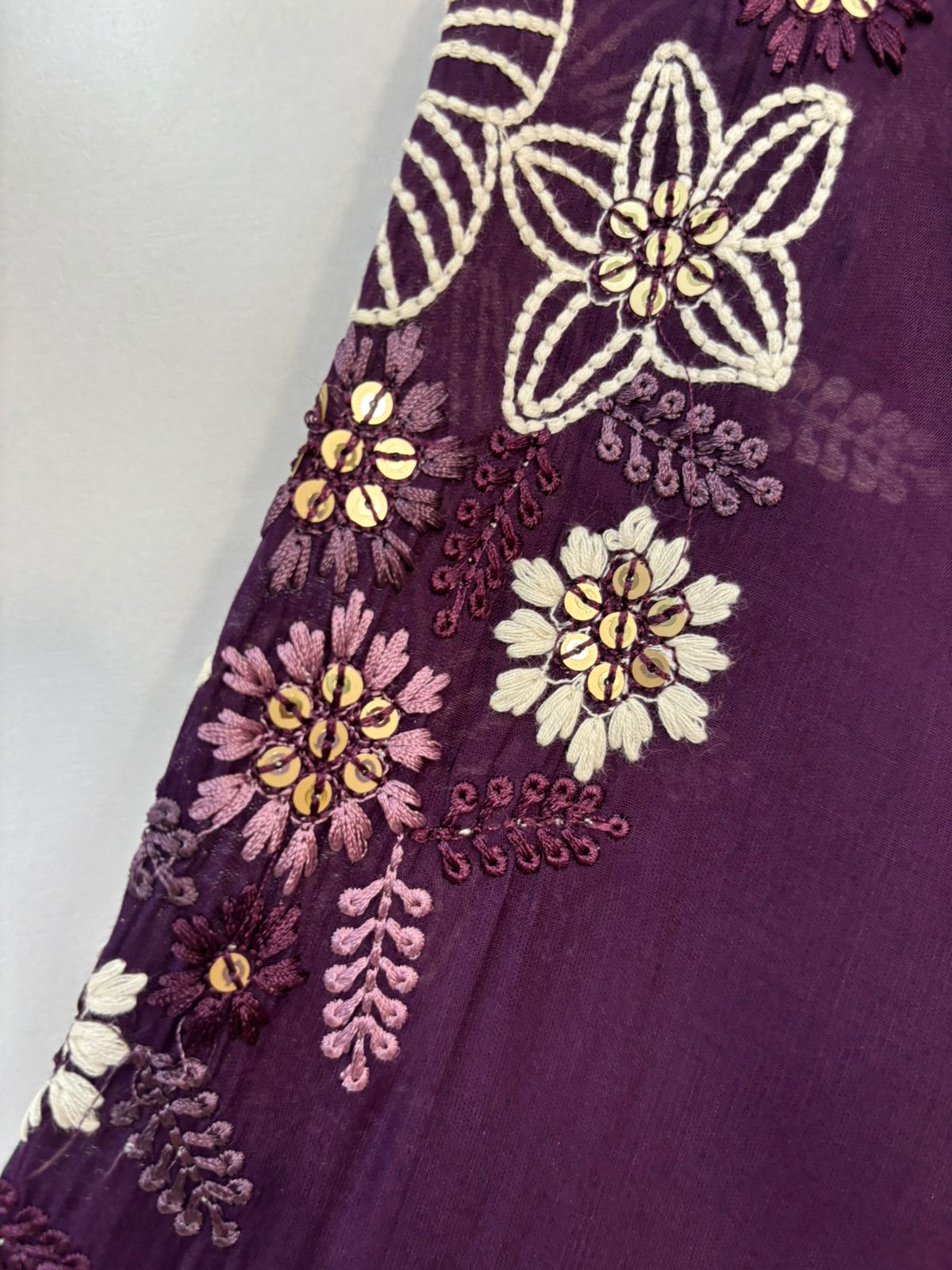Purple Mul Chanderi Thread Embroidery Airline Kurtha 439