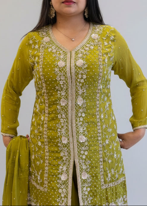 Pista Green Chinnon Hand Embroidery Sharara Kurtha 301