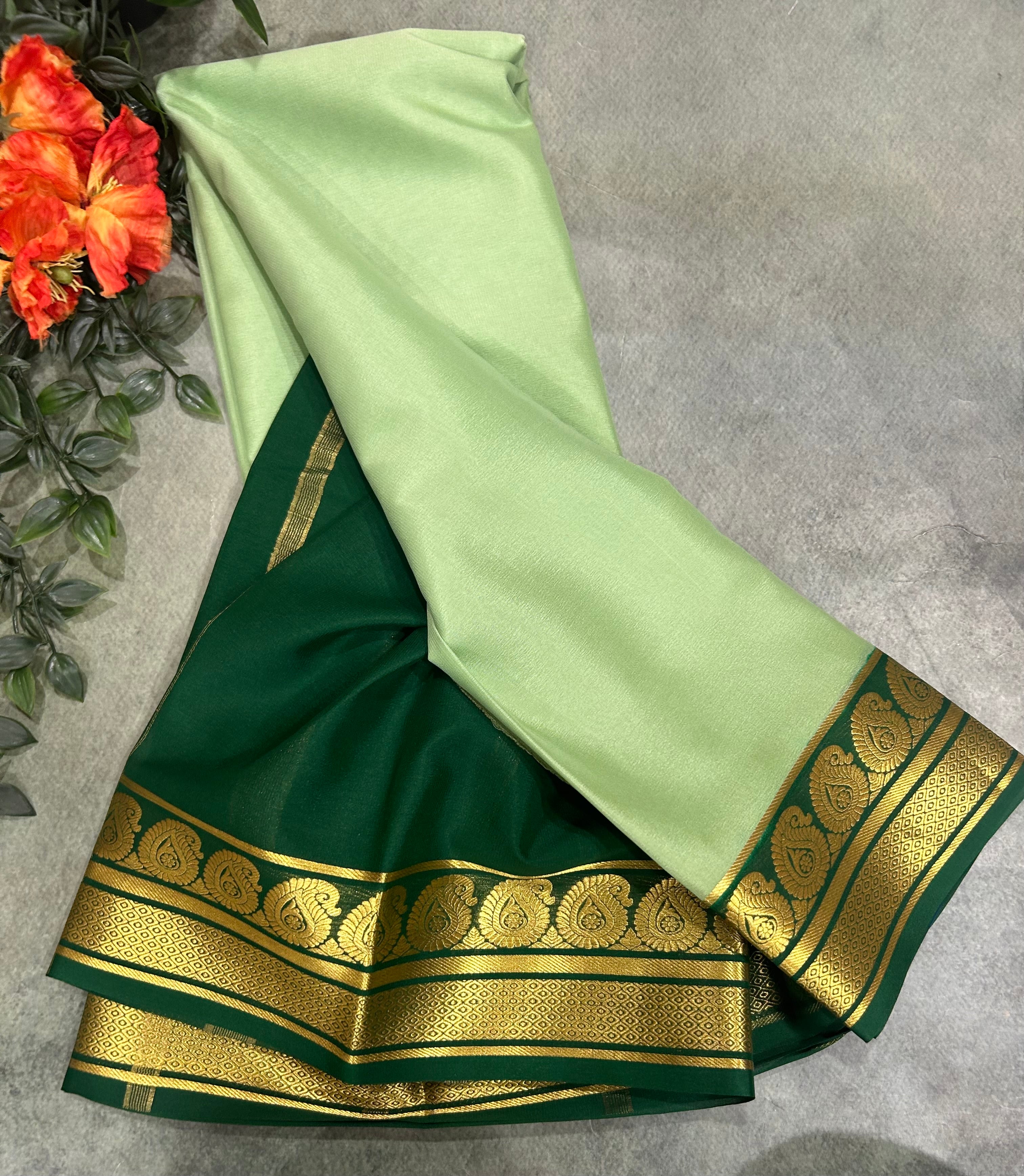 Pastel green pure Mysore crepe silk saree